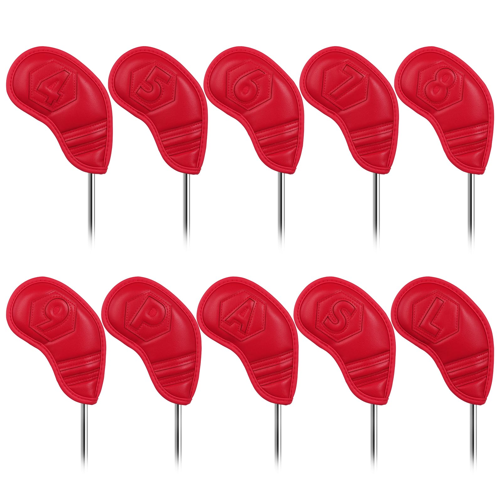 Golf Iron Club Head Covers Magnetic 10pcs 4-9,P,A,S,L Right Hand Hollow-out Numbers Red PU Leather