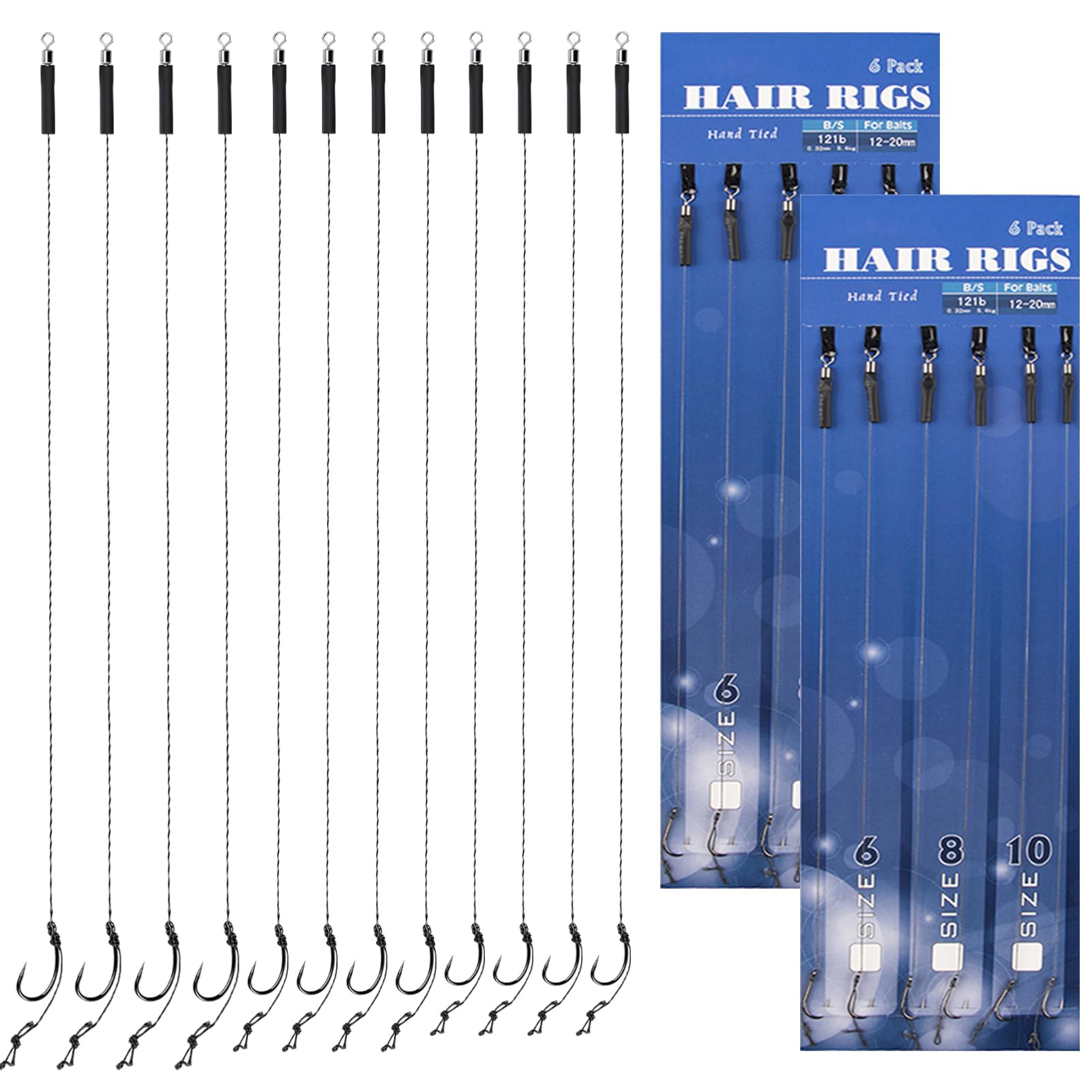 12Pcs Carp Rigs, Hair Rigs for Carp Fishing Barbless, Curve Shank Carps Carbon Steel Fishing Hooks Barbless, Carps Rigs in Size 6# 8# 10# for Freshwater Saltwater Angling