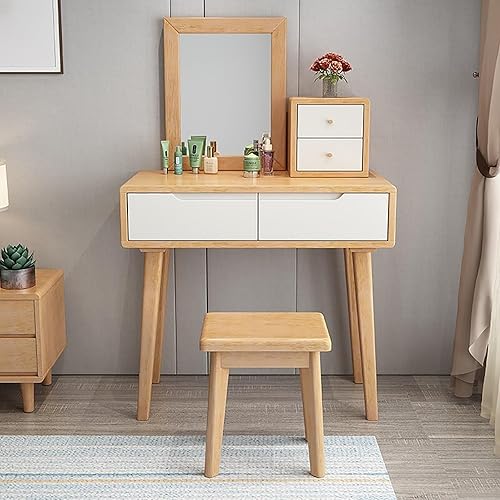 Miniatura 11 de Escritorio de tocador con espejo, juego de mesa de maquillaje con taburete acolchado y cajón, mesa de cosméticos, tocador de maquillaje pequeño para