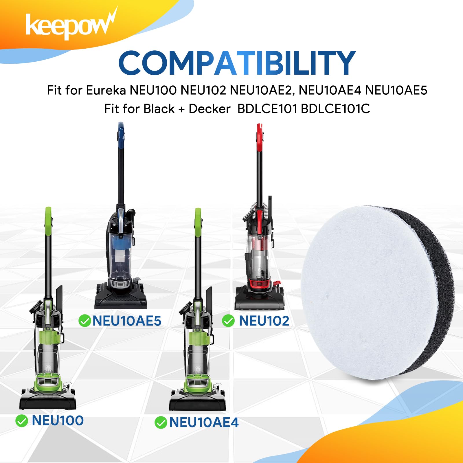 KEEPOW NEU100 Vacuum Filters for Eureka Airspeed Compact Bagless Upright Vacuum Cleaner NEU100, NEU10AE4, NEU10AE5, NEU10AE2, NEU102 Series, Part #E0106 (4 Pack)