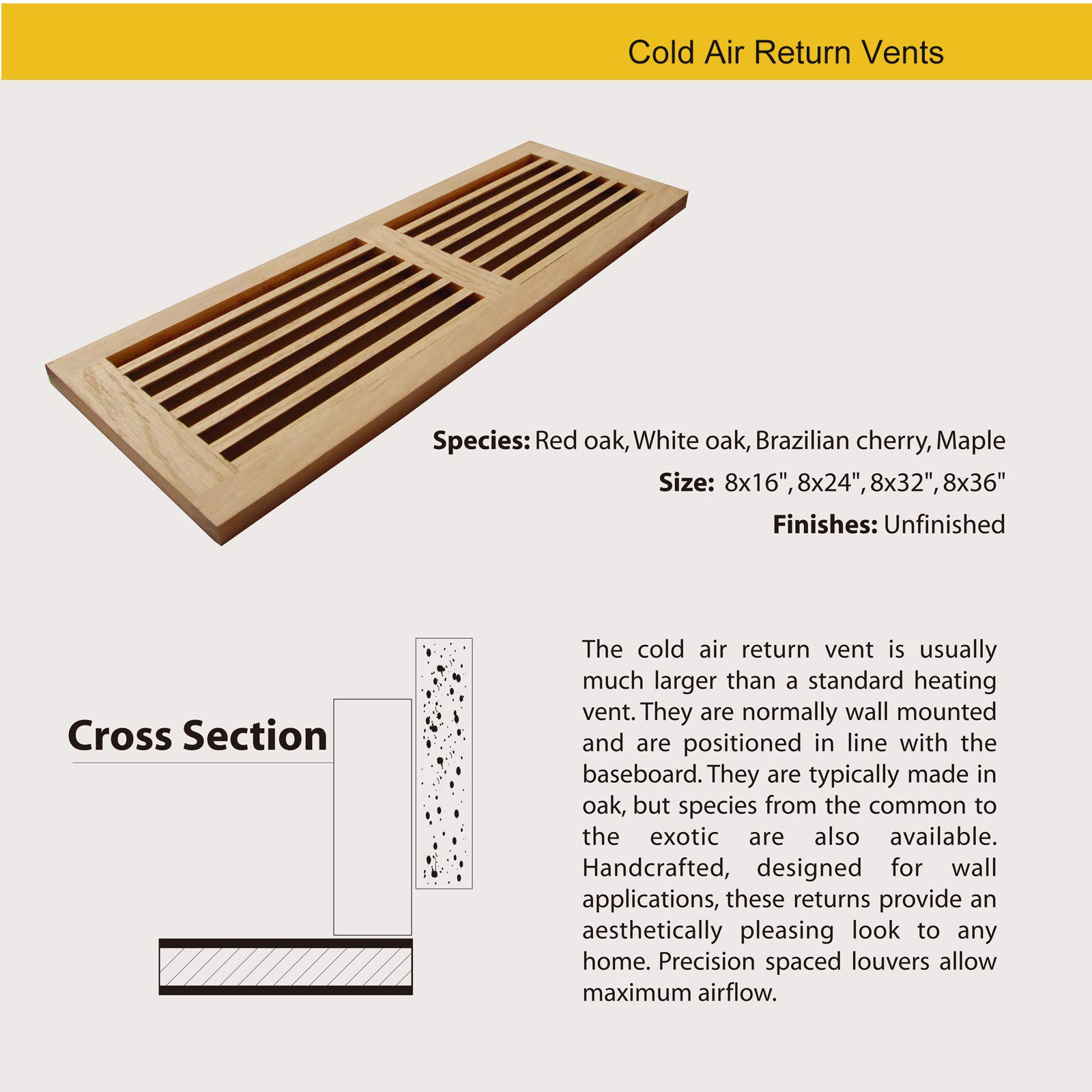 WELLAND® 8 Inch x 16 Inch Red Oak Hardwood Register Cold Air Return Wall  Vent, Unfinished : Amazon.co.uk: Automotive