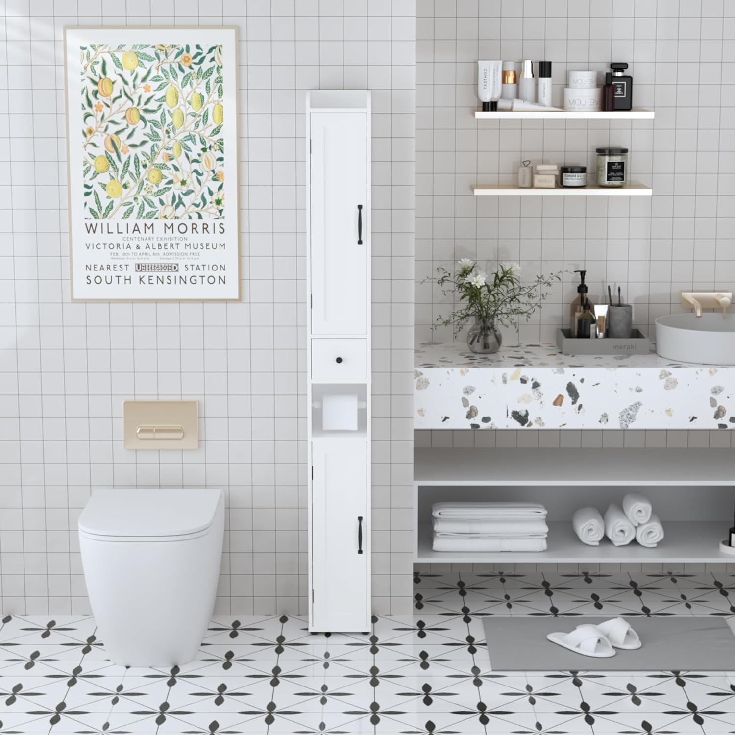 67.51" Tall Slim Bathroom Storage Cabinet - 2 Doors Freestanding Cabinet with Adjustable Shelves, Open Compartments & Anti-Tip for Small Spaces, Home, Bathroom, Kitchen, Living Room, White