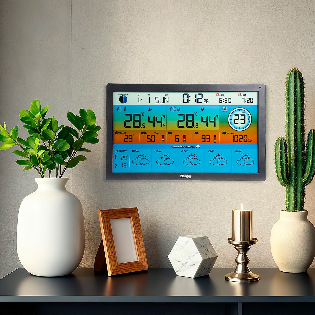 ideoon WLAN Funk Wetterstation mit XXL-Farb-Display – 5 Tage Wettertrend, Thermometer/Hygrometer, Feinstaub & UV-Index, Barometer, Tuya App
