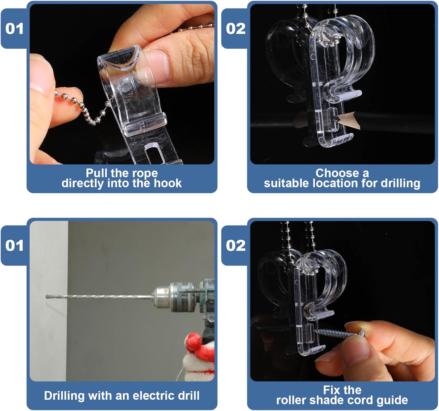 60Pcs Roller Shade Clear Saftey Chain and Cord Guide, Bulk Fixation Hook P Clip Blind Cord Holder, for Roller Vertical and Roman Shades and Bead Chain Tension Device