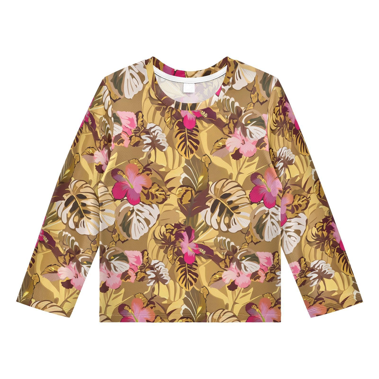 DOMIKING Monstera Flowers Golden Yellow Boys Long Sleeve Rashguard Shirt Kids Quick Dry Swim Shirt for Running Swiming Pool 9-10T