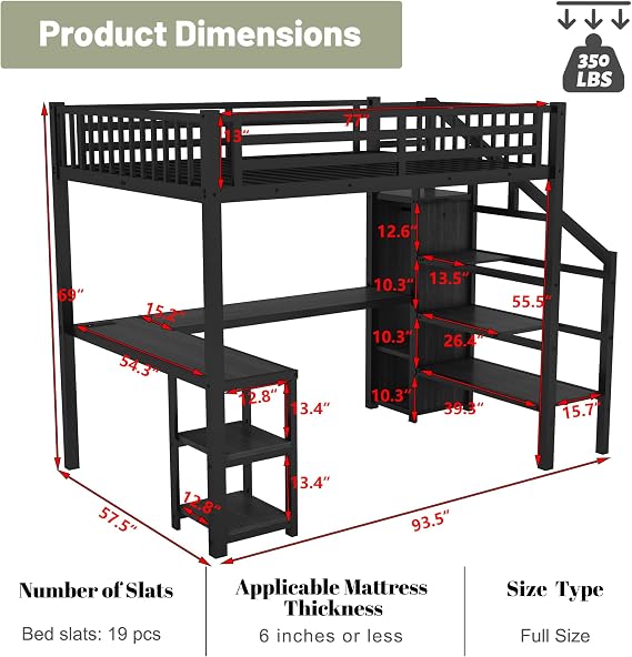 Full Size Loft Bed with Stairs and Desk, Metal Gaming Loft Bed with RGB LED Light, Heavy-duty Steel Loft Bed Frame with Storage Wardrobe, Shelves and Charging Station for Adults Kids Teens, Black