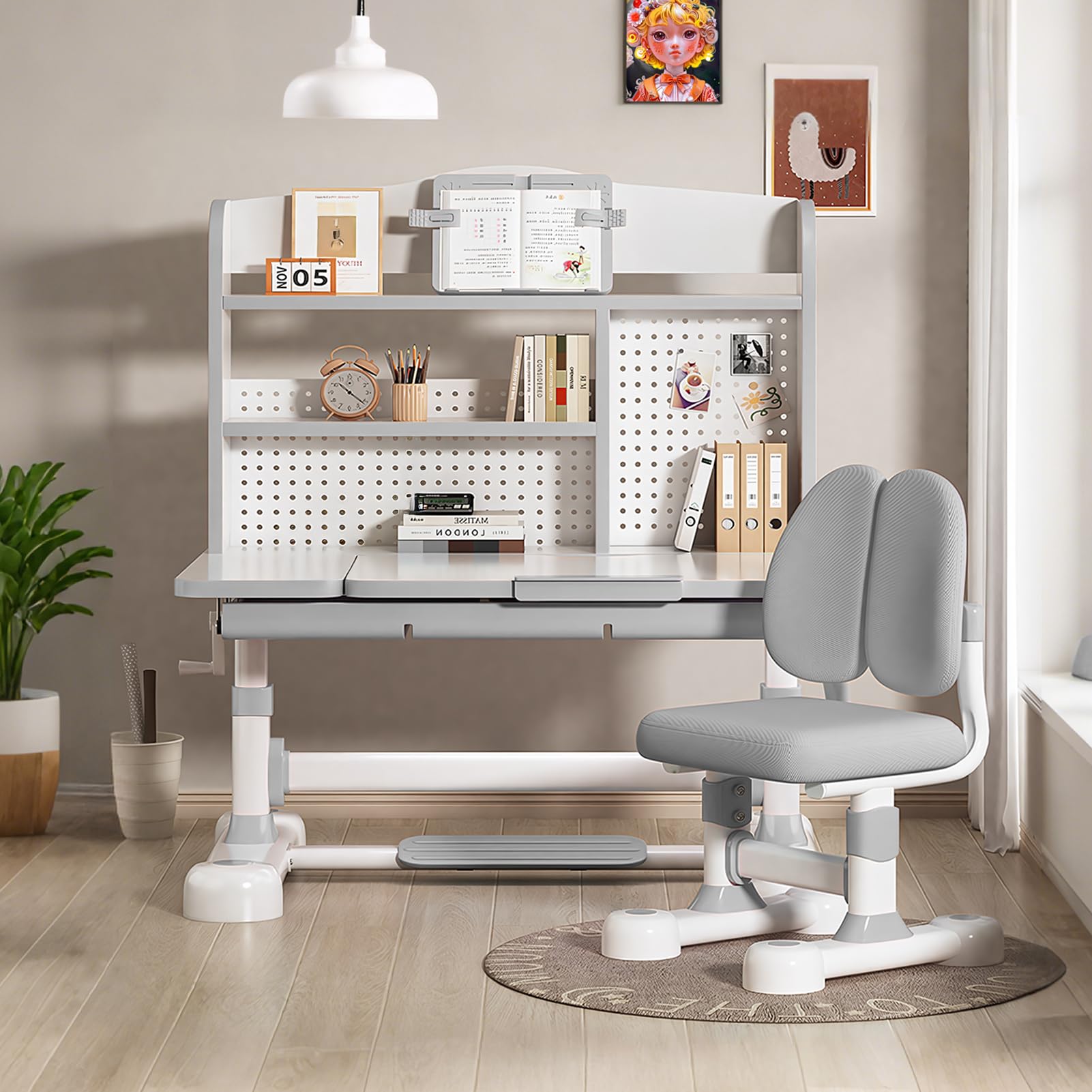 joukares Kids Desk and Chair Set, Height Adjustable Learning Study Table Ergonomic Student Workstation 50 Degree Tilting Desktop Storage Drawer Bookshelf Hand Crank Desk for Ages 3 to 12 (Grey)