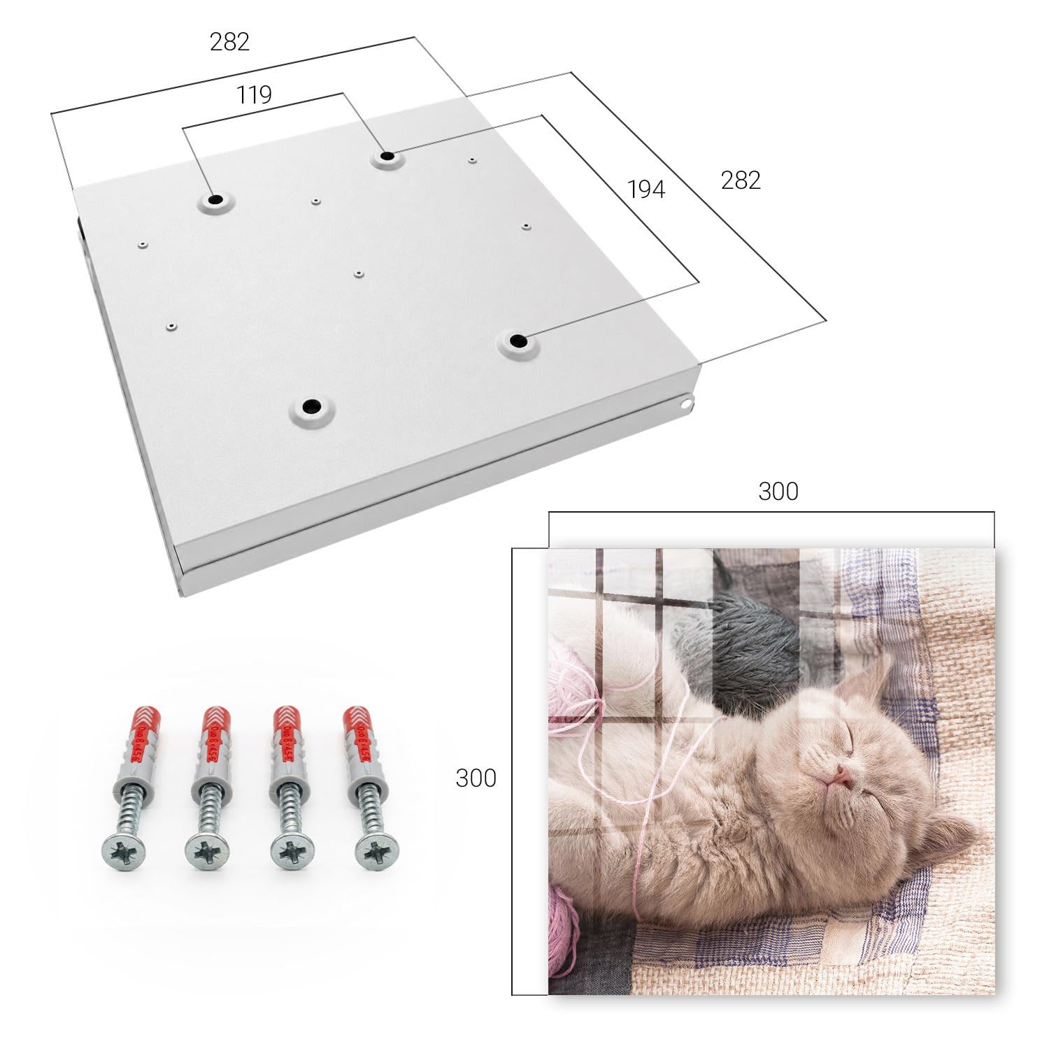 Tulup Armario de Llaves 30x30 cm | Blanco | Izquierda | Montaje en Pared | Gatito durmiendo | Organizador | 50 Ganchos | Frente Decorativo de Cristal | de Metal | Kit de Montaje Incluido