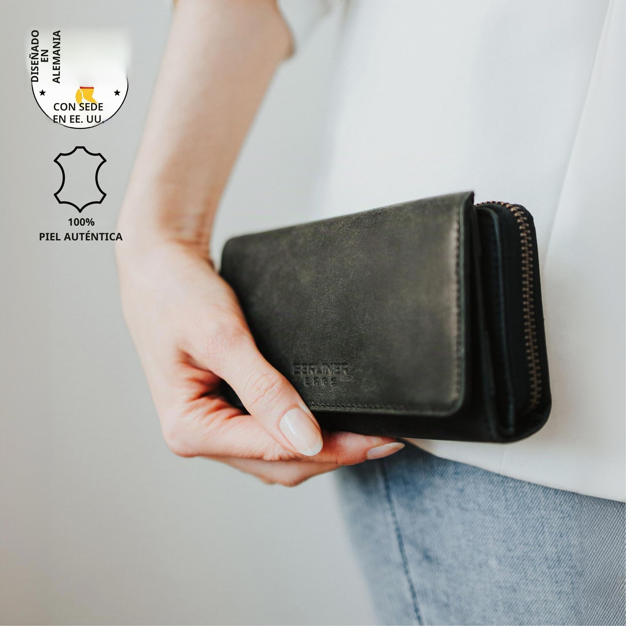 Berliner Bags Cartera Mujer de Piel Vienna, Billetera Grande con Monedero, Gran Capacidad y Protección RFID, Tarjetero - Gris Oscuro