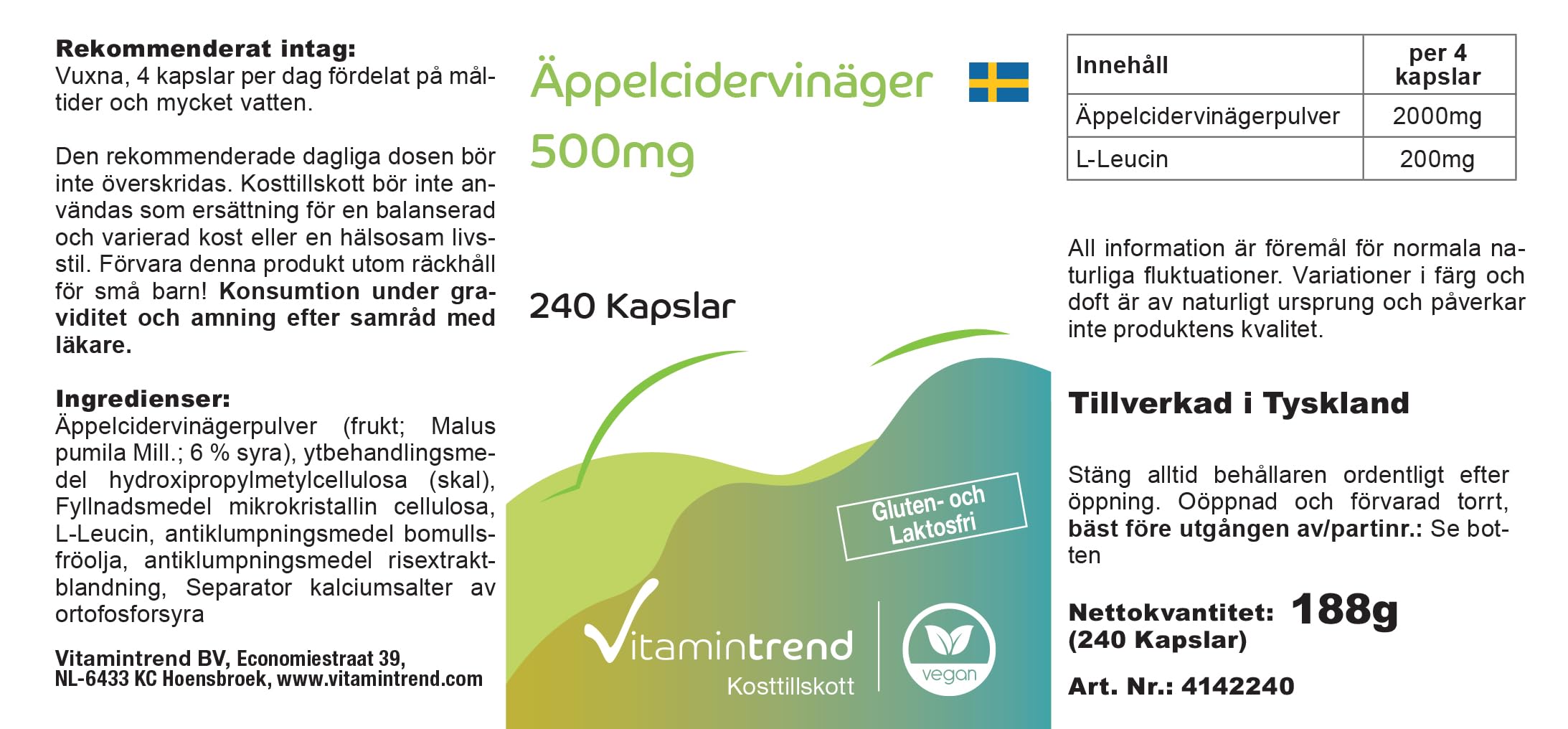Vitamintrend Vinaigre de cidre 500 mg, 240 gélules, 2000 mg de poudre de vinaigre de cidre par dose quotidienne, complément alimentaire végan sans stéarate de magnésium, fabriqué en Allemagne