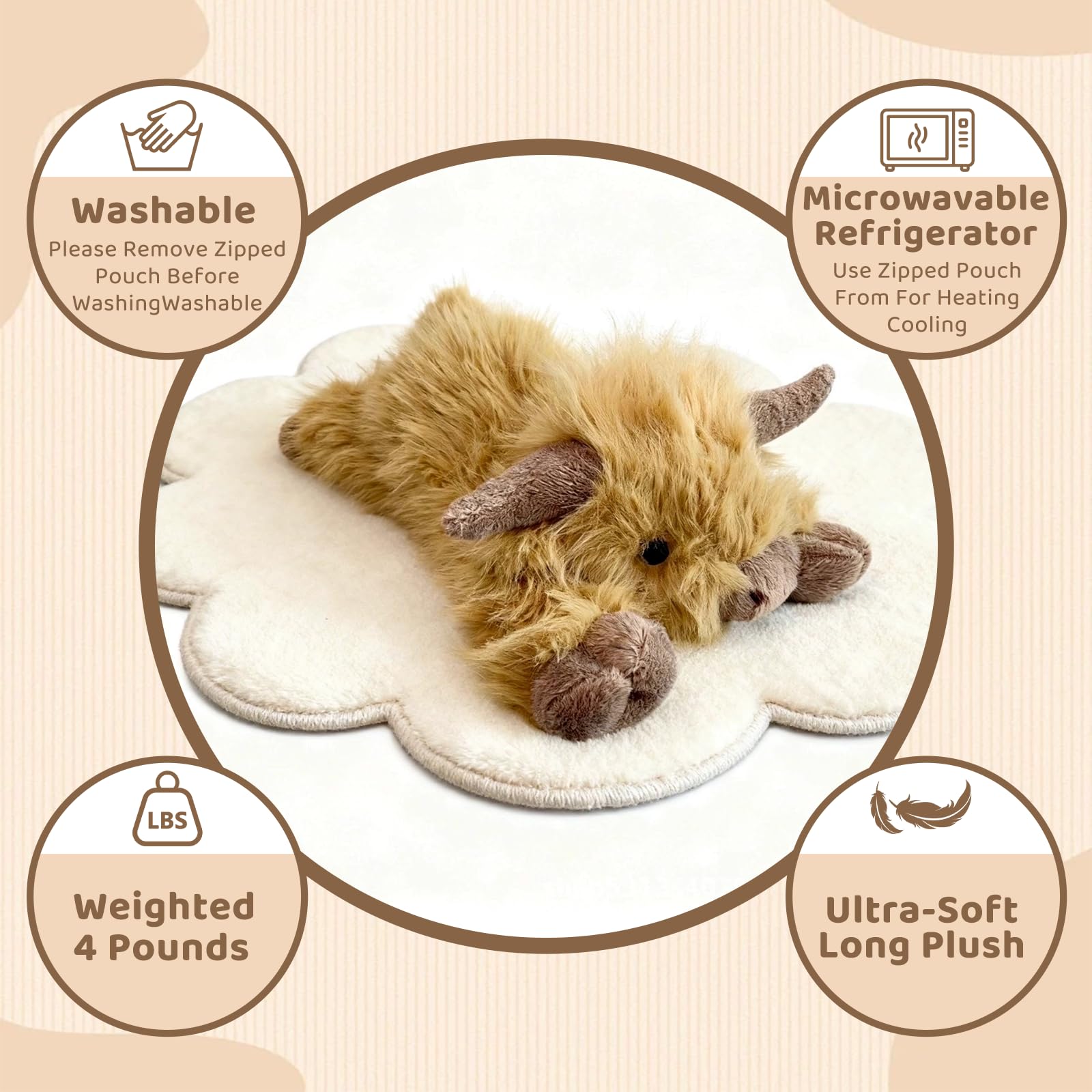 4 Pounds Highland Cow Weighted Stuffed Animals with Unscented Microwavable Heating Pad, for Adult - 2