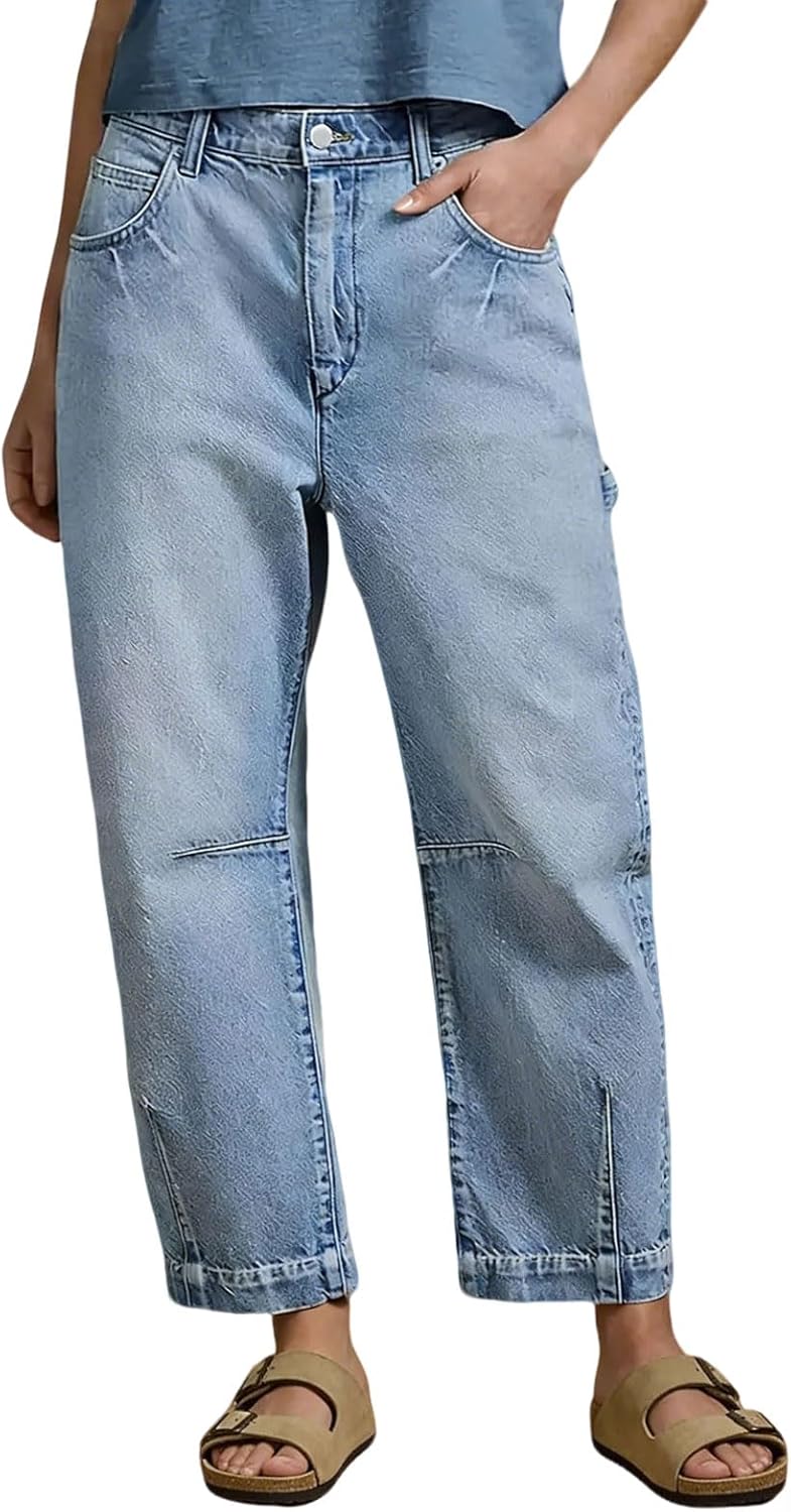 loveimgs Women Baggy Barrel Jeans Mid Rise Wide Leg Jeans Boyfriend Crop Denim Ankle Pants Patchwork Cargo Sweatpants Pockets