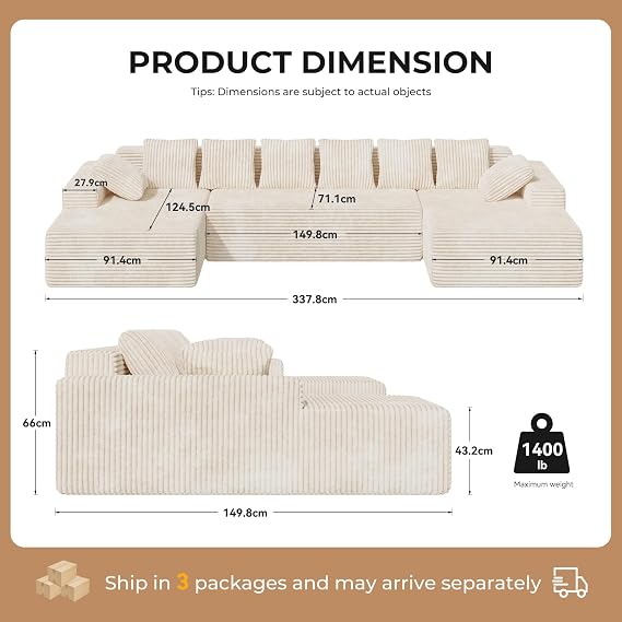U-Shaped Modular Cloud Couch 3 Seater – Convertible to L-Shape Boneless Design Sofa Couch with High-Density Foam, Soft Corduroy Upholstery for Small Living Room, Beige