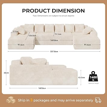 U-Shaped Modular Cloud Couch 3 Seater – Convertible to L-Shape Boneless Design Sofa Couch with High-Density Foam, Soft Corduroy Upholstery for Small Living Room, Beige