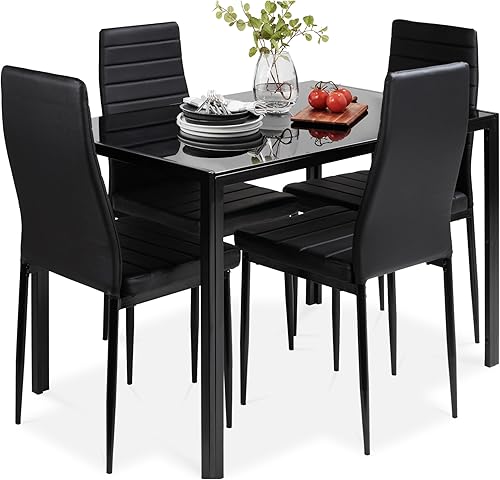 Best Choice Products 5pieza Juego de mesa de comedor cocina csuperficie de vidrio y 4sillas de piel dinette negro