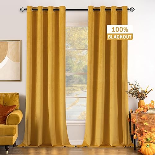 EMEMA Cortinas de terciopelo 100% opacas de 108 pulgadas de largo, cortinas amarillas para dormitorio, sala de estar, oscurecimiento con aislamiento