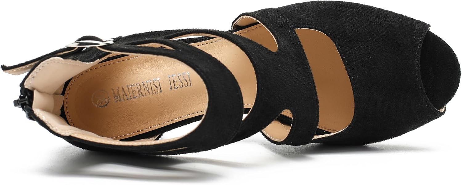 MAIERNISI JESSI Women's Gladiator Peep Toe Sandals, Cutout Block Heel, Ankle Strap Buckle, Zip - Image 5