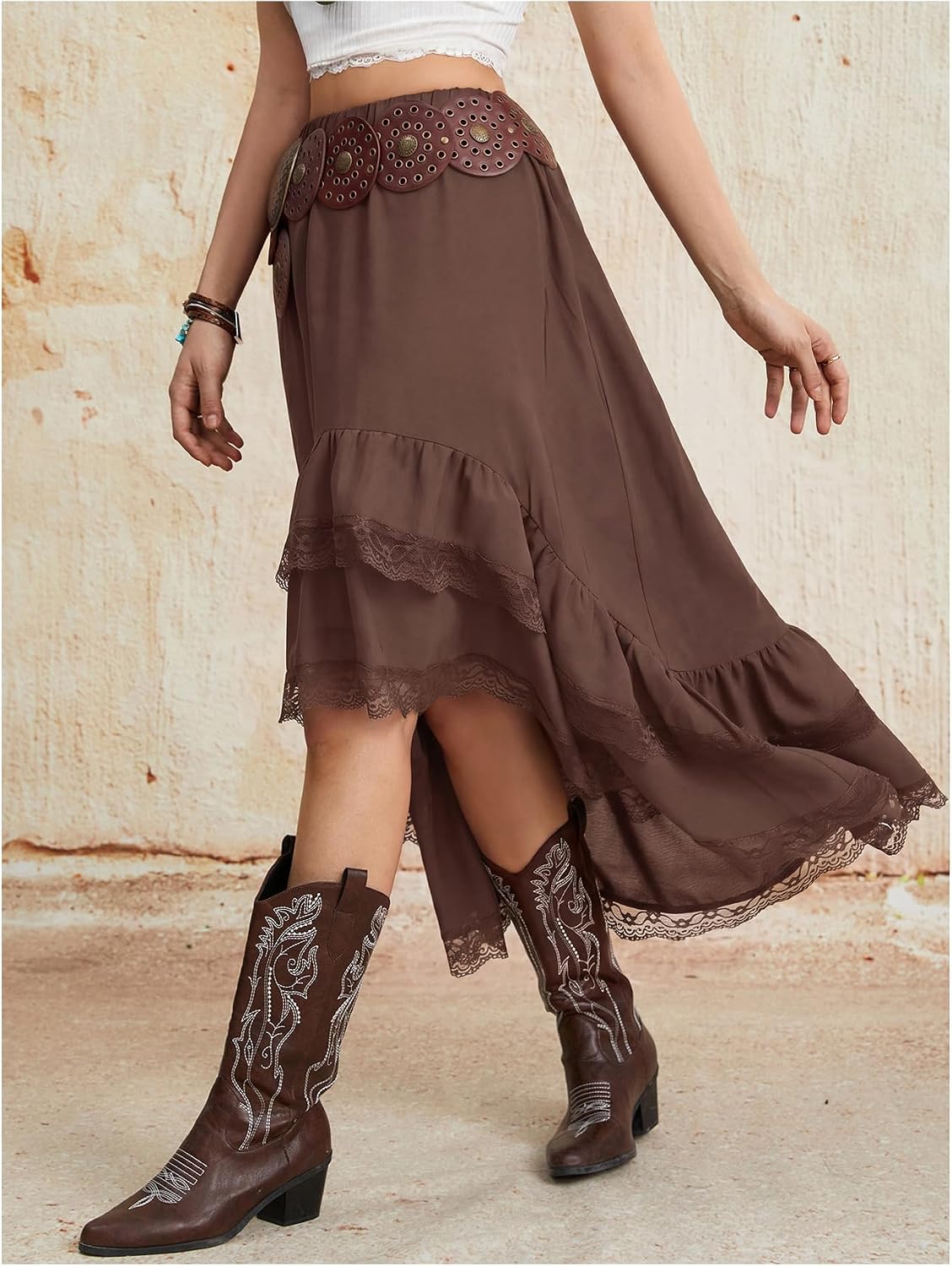 Verdusa Women's Western Cowgirl Lace Skirt Boho Asymmetrical Skirts Country Concert Outfits
