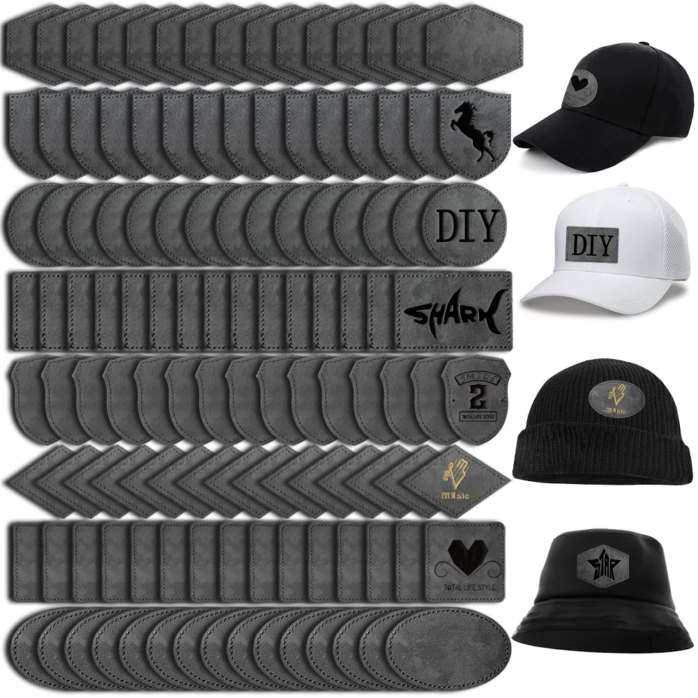 120PCS Blank Hat Patches Laserable Square Rustic Leatherette Patch Adhesive Faux Leather Patches Blanks for Hats Fabric Custom Repair Sew Laser Glowforge Supplies (Grey)