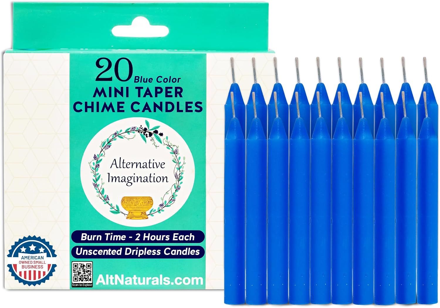 Alternative Imagination Blue Chime Candles - 20 Pack of Unscented 4 Inch Mini Taper Candles - Dripless Long Burning Ritual Candles for Meditation, Spell Work & Home Decor