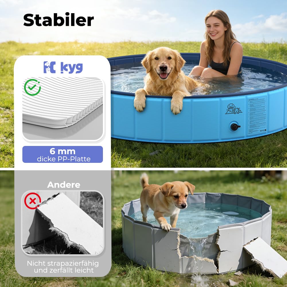 KYG Hundepool große Hunde 160x30cm – faltbar, stabil, rutschfest, einfache Entleerung, mit Ablassventil & 4 Flicken – Hunde Planschbecken für alle Hundegrößen, für den Außenbereich