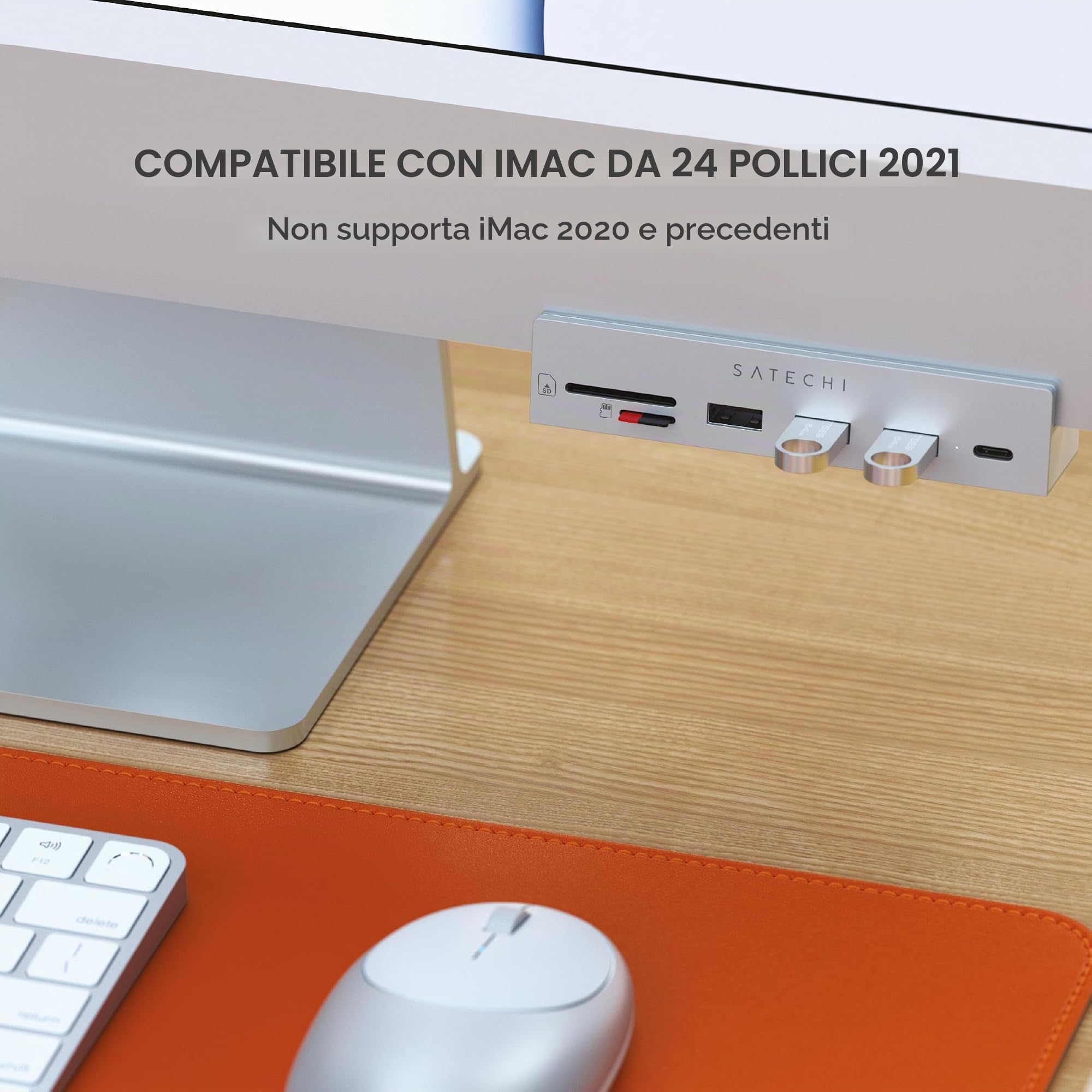 SATECHI Hub USB C con Morsetto per iMac 24" M1 e Studio Display | USB-C dati, 3x USB-A 3.0, lettori Micro/SD (non compatibile con iMac 2020 e precedenti)