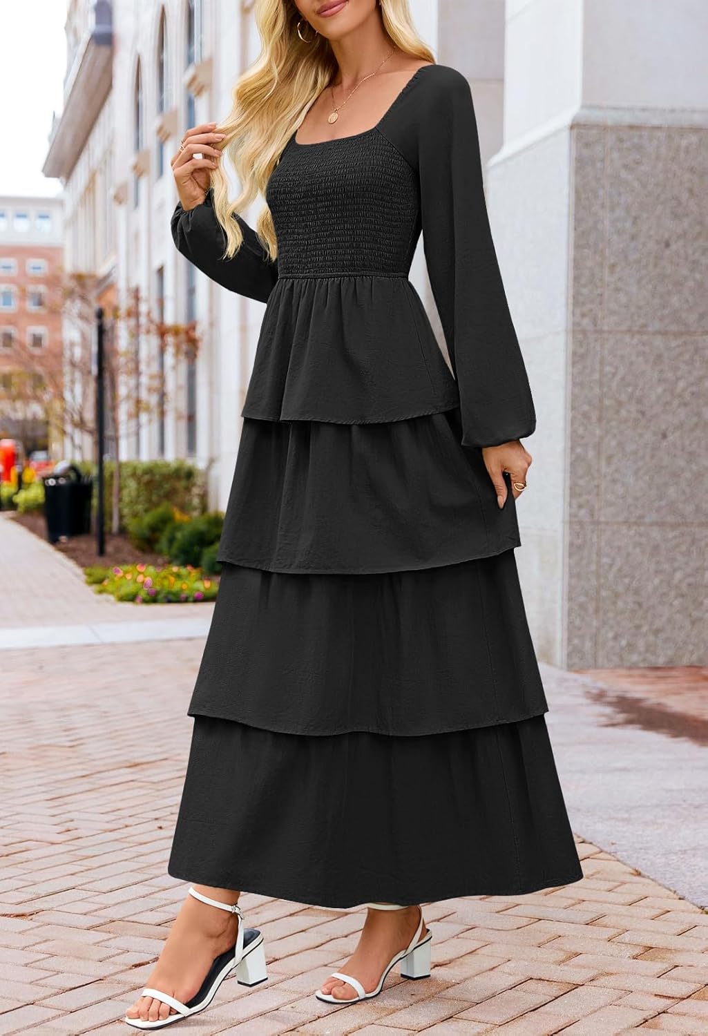 MEROKEETY Women's Summer Fall Long Sleeve Ruffle Tiered Dress 2025 Flowy Layered Square Neck Smocked Maxi Dresses - Image 3