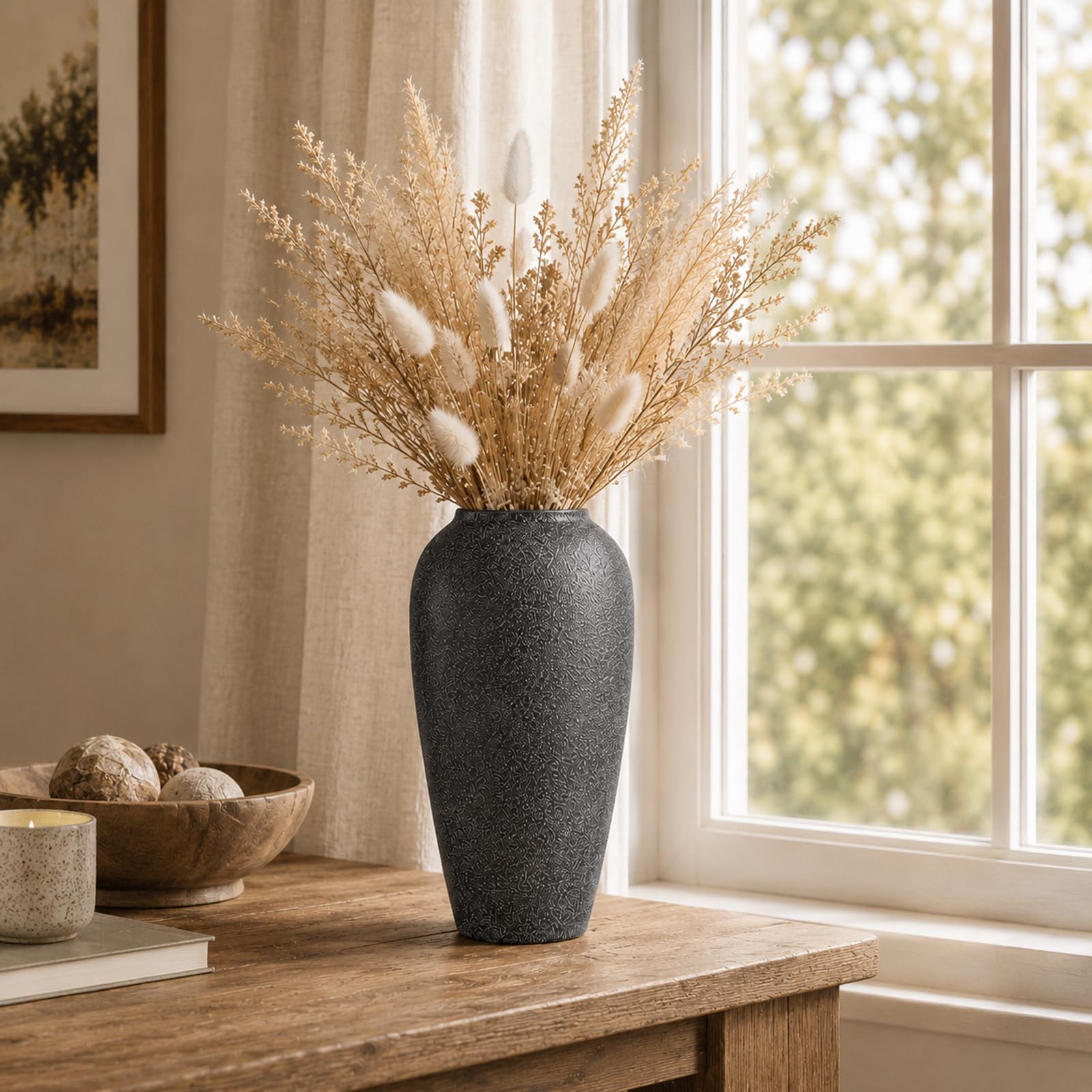 Jarrón de cerámica rústico – Jarrón grande de cerámica negra para decoración del hogar, jarrón moderno de terracota para sala de estar, entrada, cocina, jarrones negros para centros de mesa, regalos