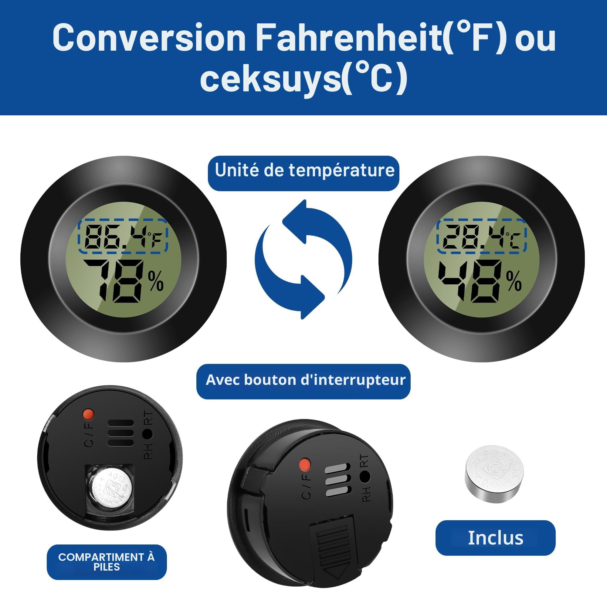 Lot de 3 mini thermomètres numériques - Moniteur de température et d'humidité - Hygromètre - Pour chambre d'enfant, incubateur de guitare, reptiles, serres de voiture - Noir