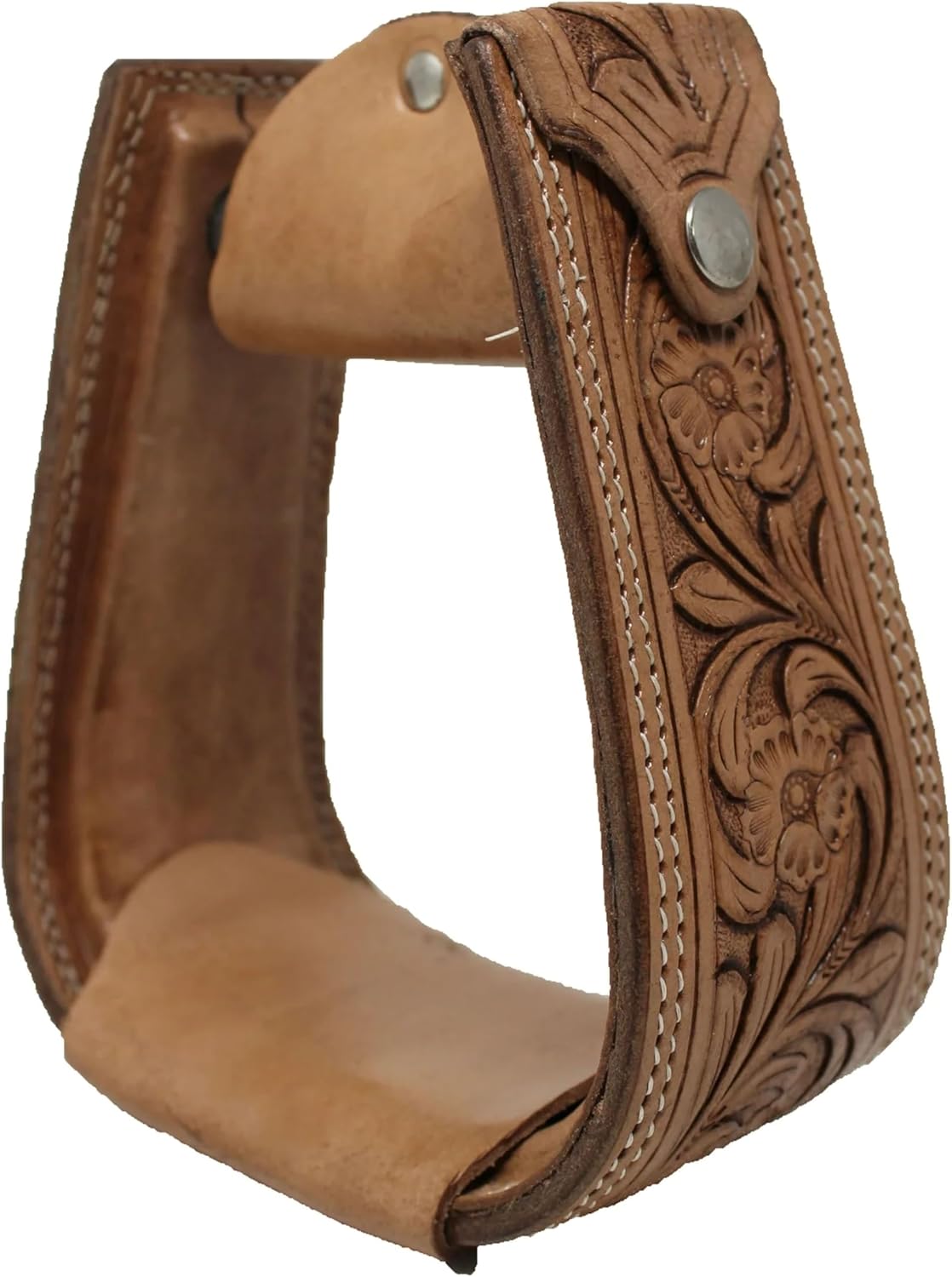 5" Wide Saddle Floral Tooled Tan Leather Covered Stirrups Floral Tooled Leather Covered for Equestrian Riders Anti-Slip Foot Rest | Western Stirrup for Saddles/Pair