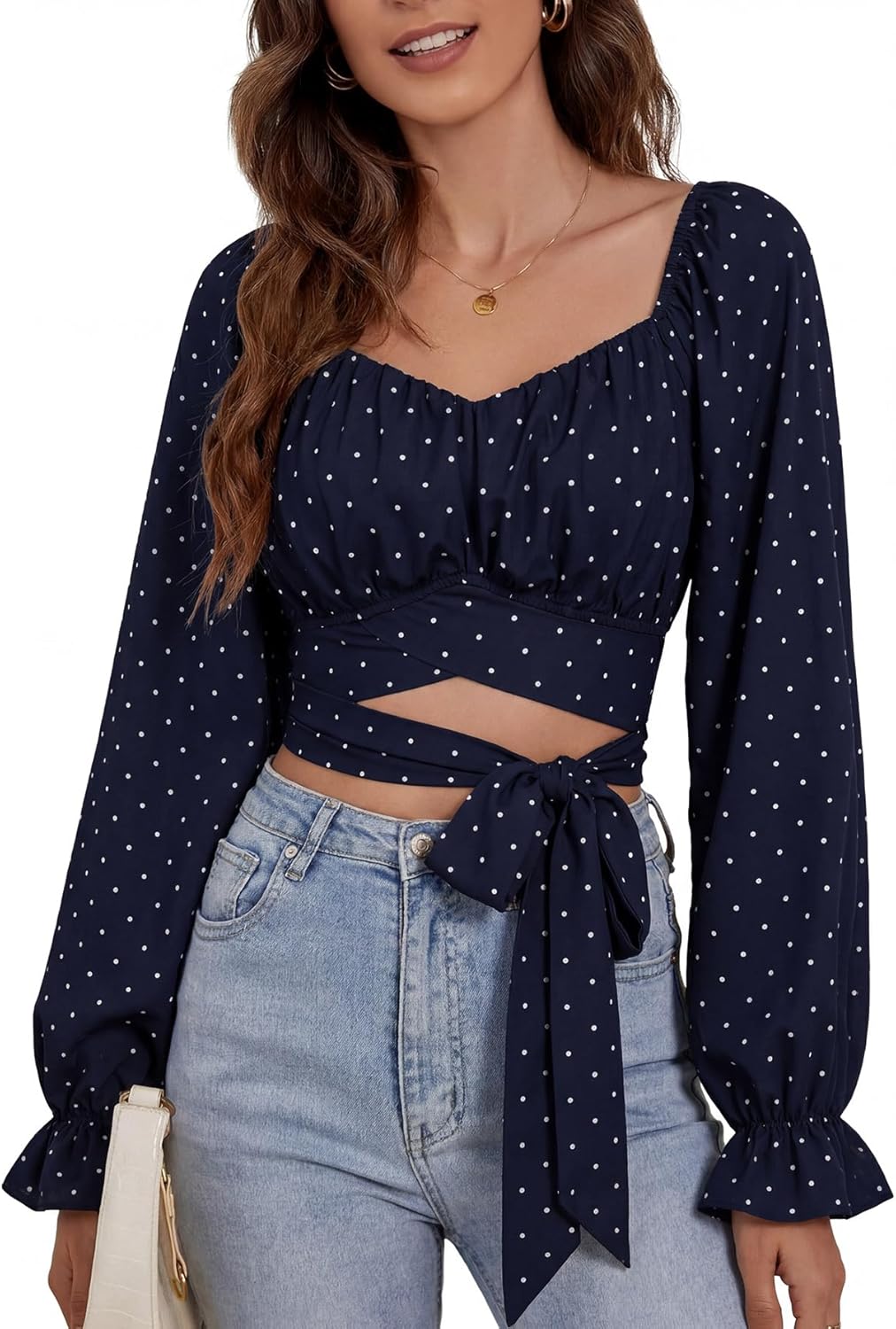 Rooscier Women's Ruched Wrap Square Neck Flounce Long Sleeve Self Tie Crop Top Blouse