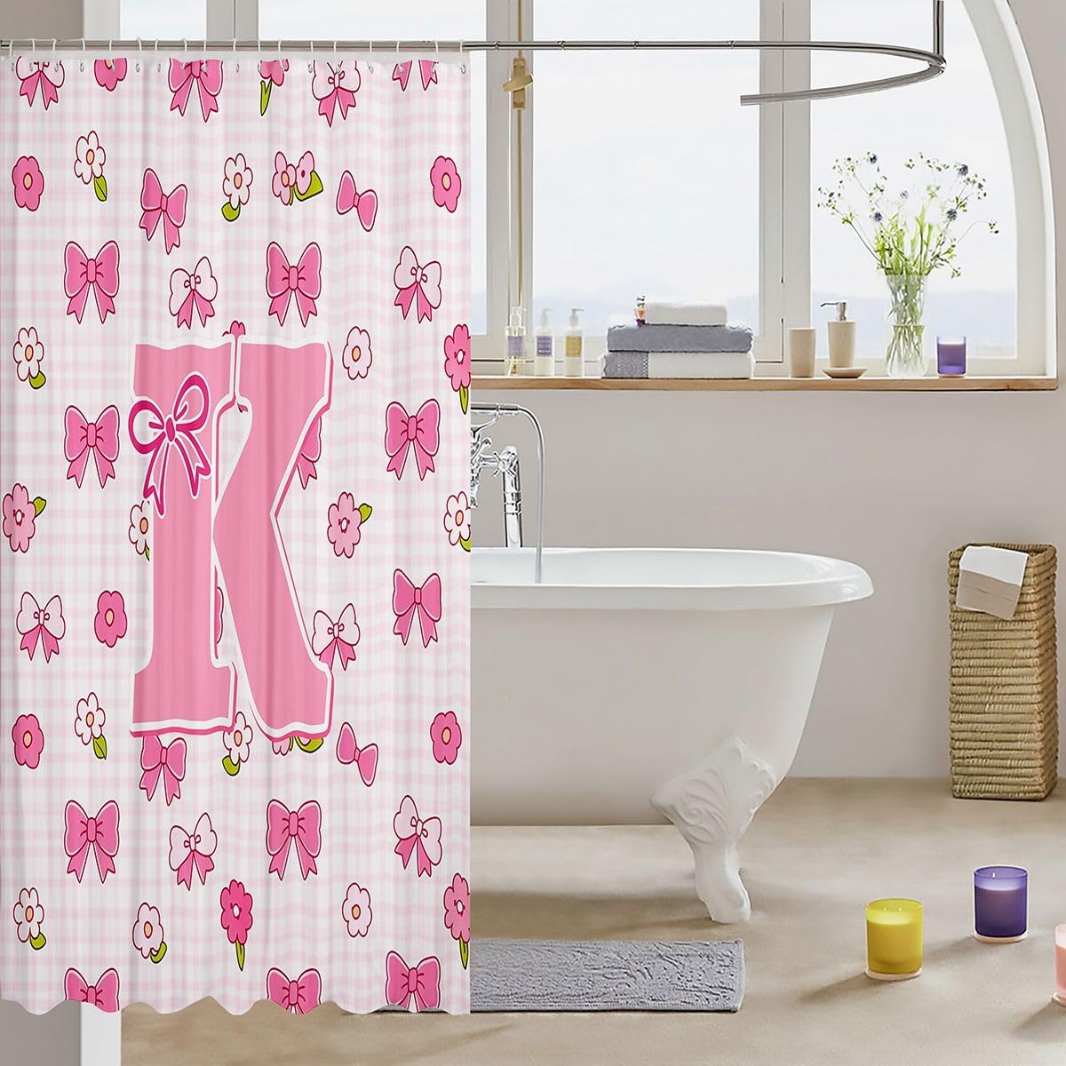 jejeloiu Pink Cute Bow Shower Curtain Cute Flower Bath Curtain Personalized Letter K Bathroom Waterproof Accessories with 12 Hooks Pink Square Lattice Waterproof Polyester,72x72 Inches image 3