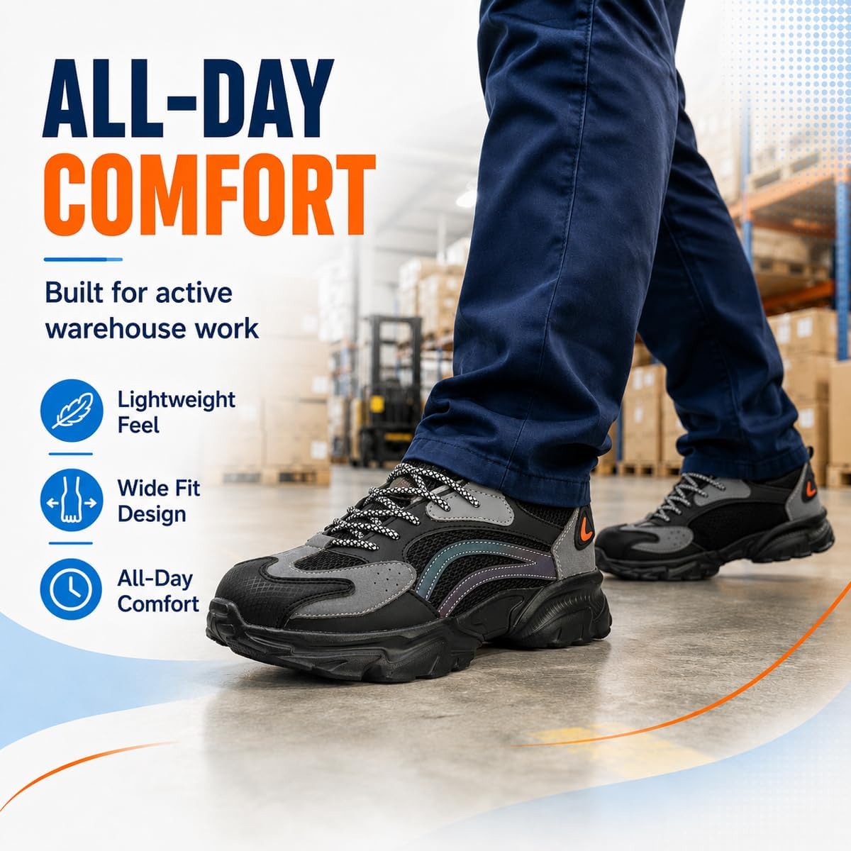 Steel Toe Shoes for Men, Lightweight Wide Safety Work Sneakers, Breathable Puncture Resistant Soft EVA Work Shoes for Warehouse Construction