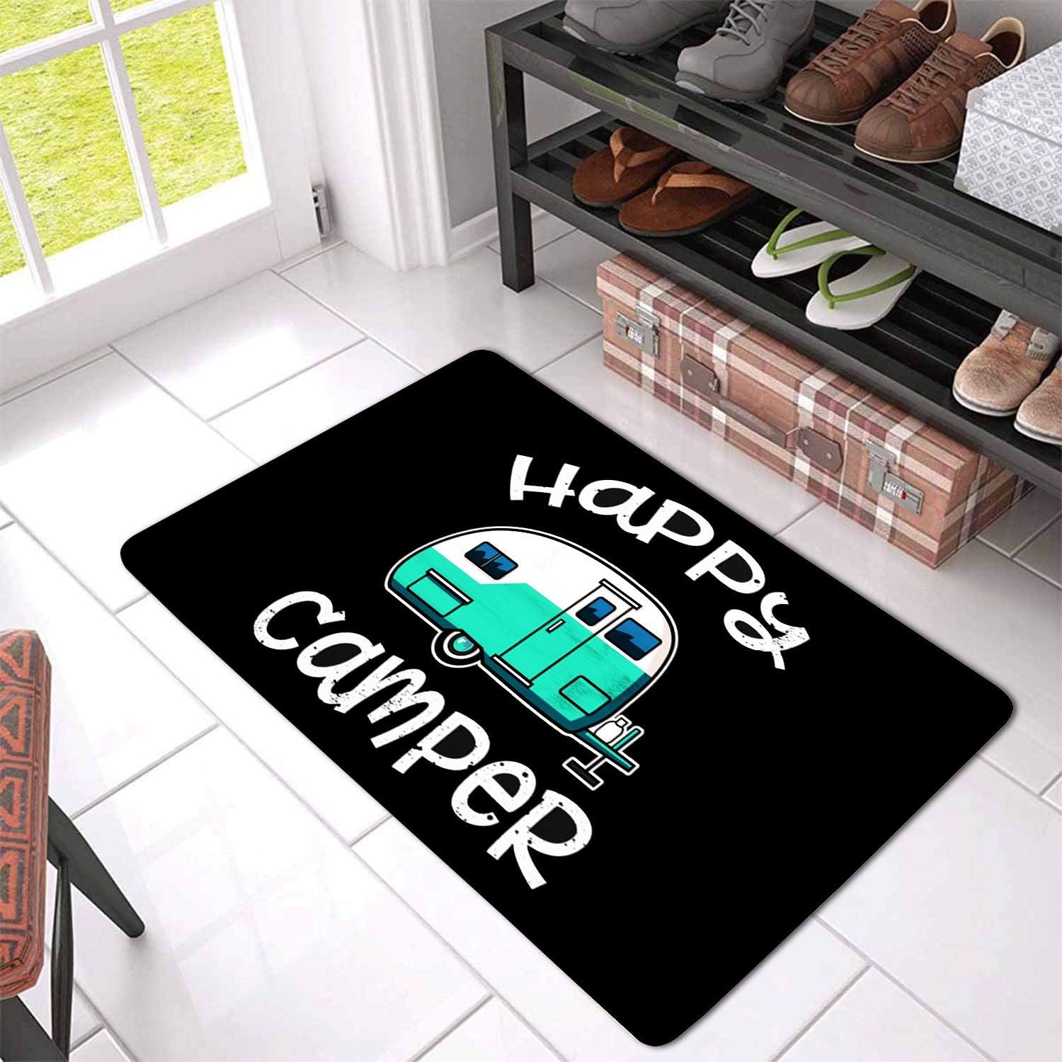 Funny Happy Camper Caravan Camping Entrance Mat Floor Rug Indoor/Front Door Mats Home Decor Machine Washable Rubber Non Slip Backing 29.5"(W) X 17.7"(L)