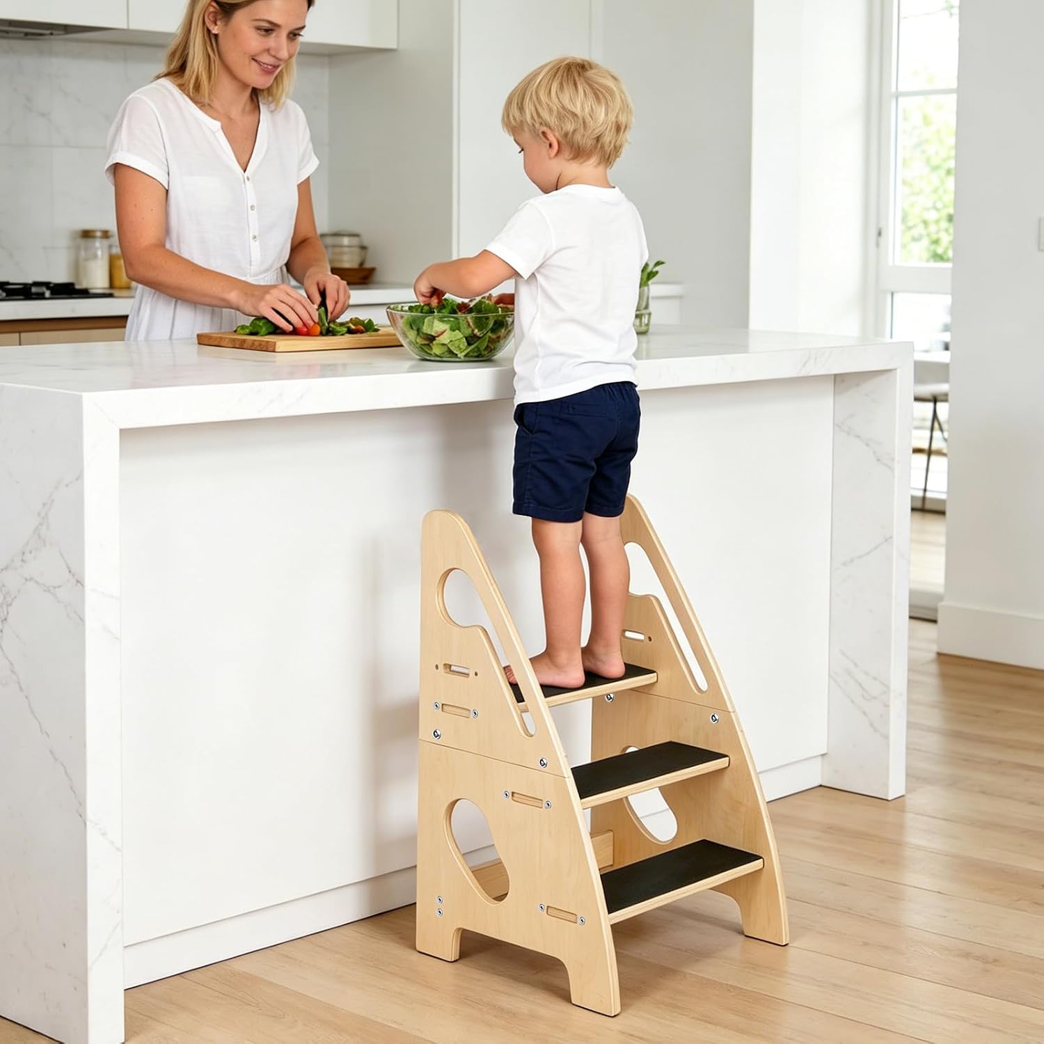 Wooden Toddler Step Stool, Height-Adjustable 3-Step Stool for Kids with Safety Handles & Non-Slip Pads, Multi-Purpose Potty Training Stool for Bathroom Sink, Kitchen Counter & Bedroom