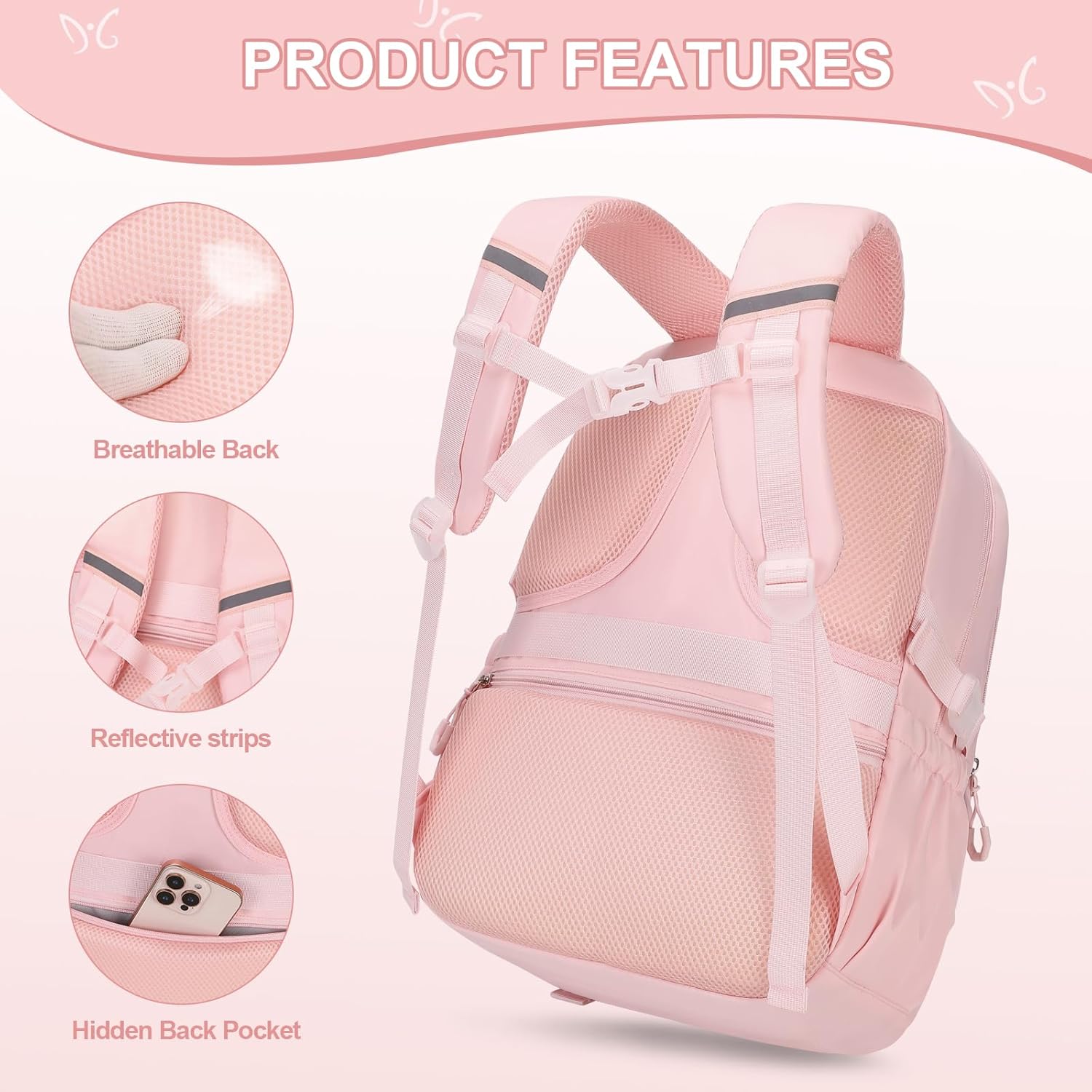 3PCS Girls Backpack for School, Kids Backpack for Girls with Lunch Bag Pencil Case, Kids Bookbag Teen Girl Backpacks for Elementary Middle High College School (Pink) - Image 4