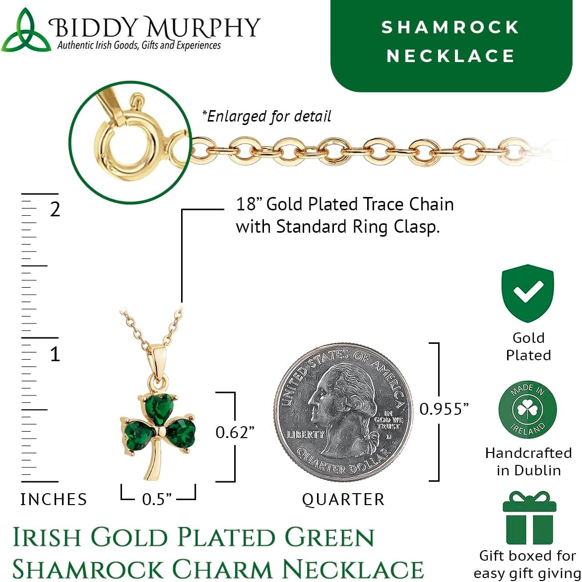Biddy Murphy Irish Gifts Irish Green Shamrock Charm Necklace Gold Plated, Lucky Emerald Green, Celtic Jewelry, Made in Ireland