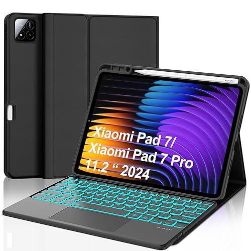 Keyboard Case for Xiaomi Pad 7/ Pad 7 Pro 11.2 Inch, 7 Color Backlit, Magnetic Detachable Wireless Bluetooth Keyboard, Multi-Touch Trackpad, Stain Resistant Cover, Rechargeable, Black (Backlit)