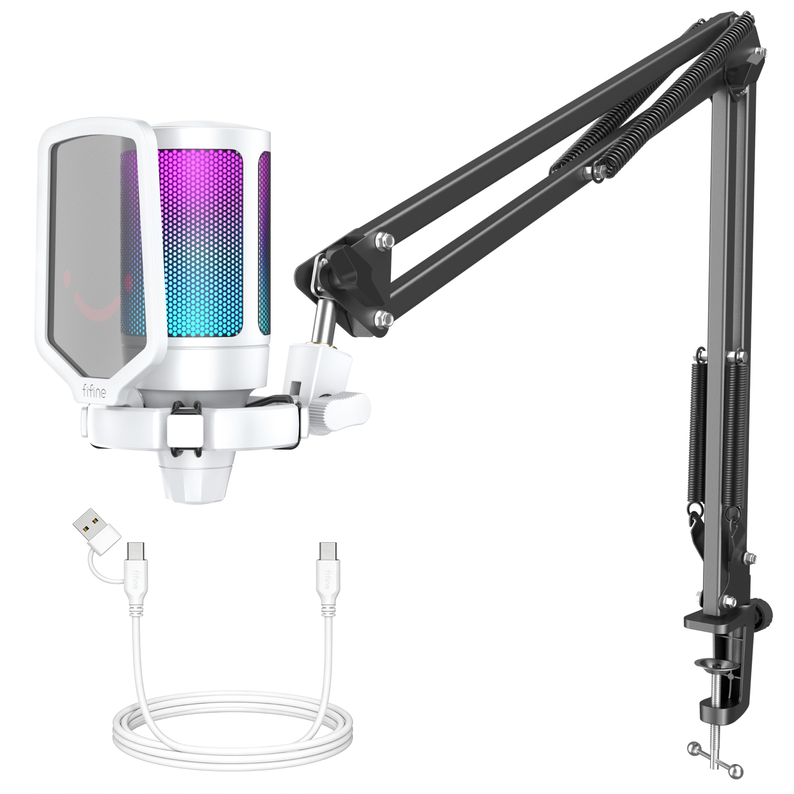 Fifine Gaming Microphone Set for PC, Streaming USB Mic with RGB for PS5, Computer Condenser Cardioid Mic with Boom Arm Stand, Shock Mount, Mute Button for Music Recording,YouTube,Twitch-A6T White