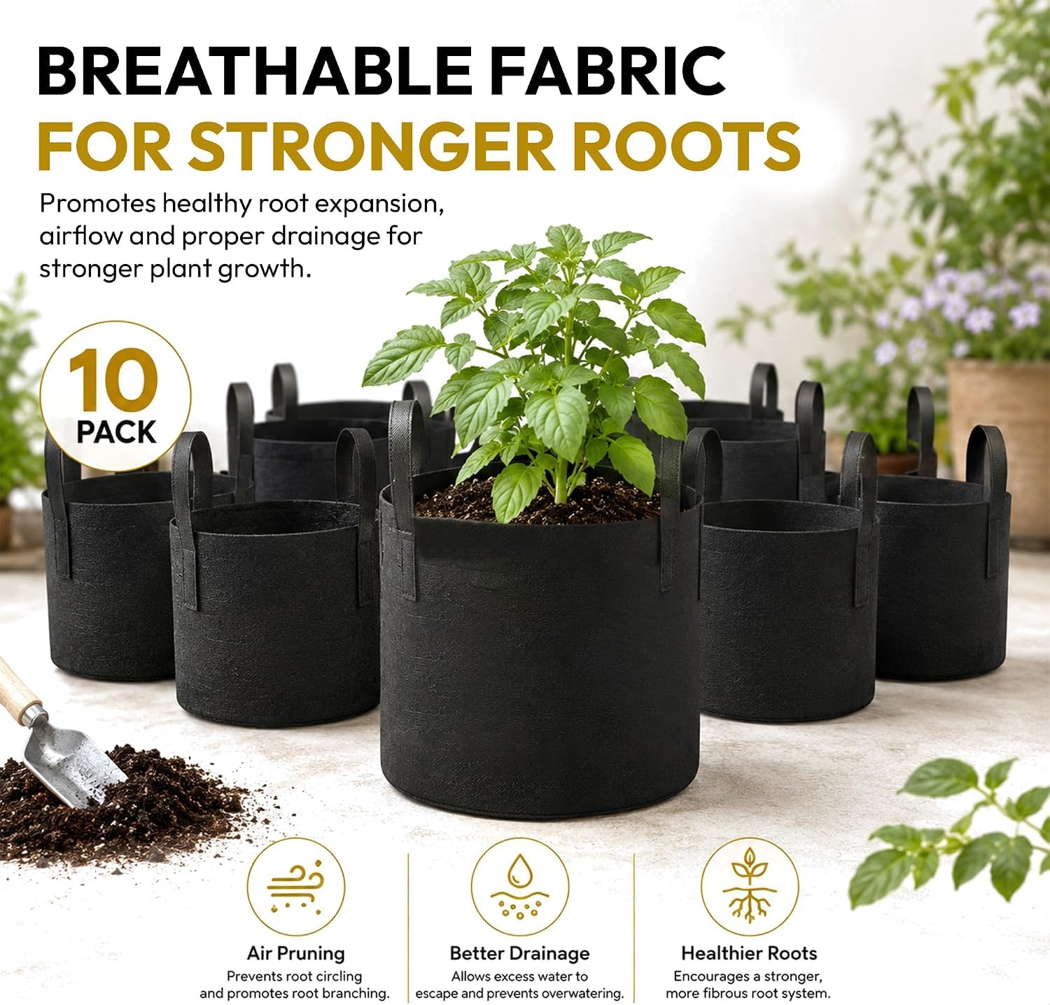 Bronte Heritage Lot de 10 sacs de culture pour légumes en tissu avec poignées, sacs de jardin noirs pour planter des pommes de terre, des tomates, des fraises ou des piments. Conteneurs d'extérieur ou