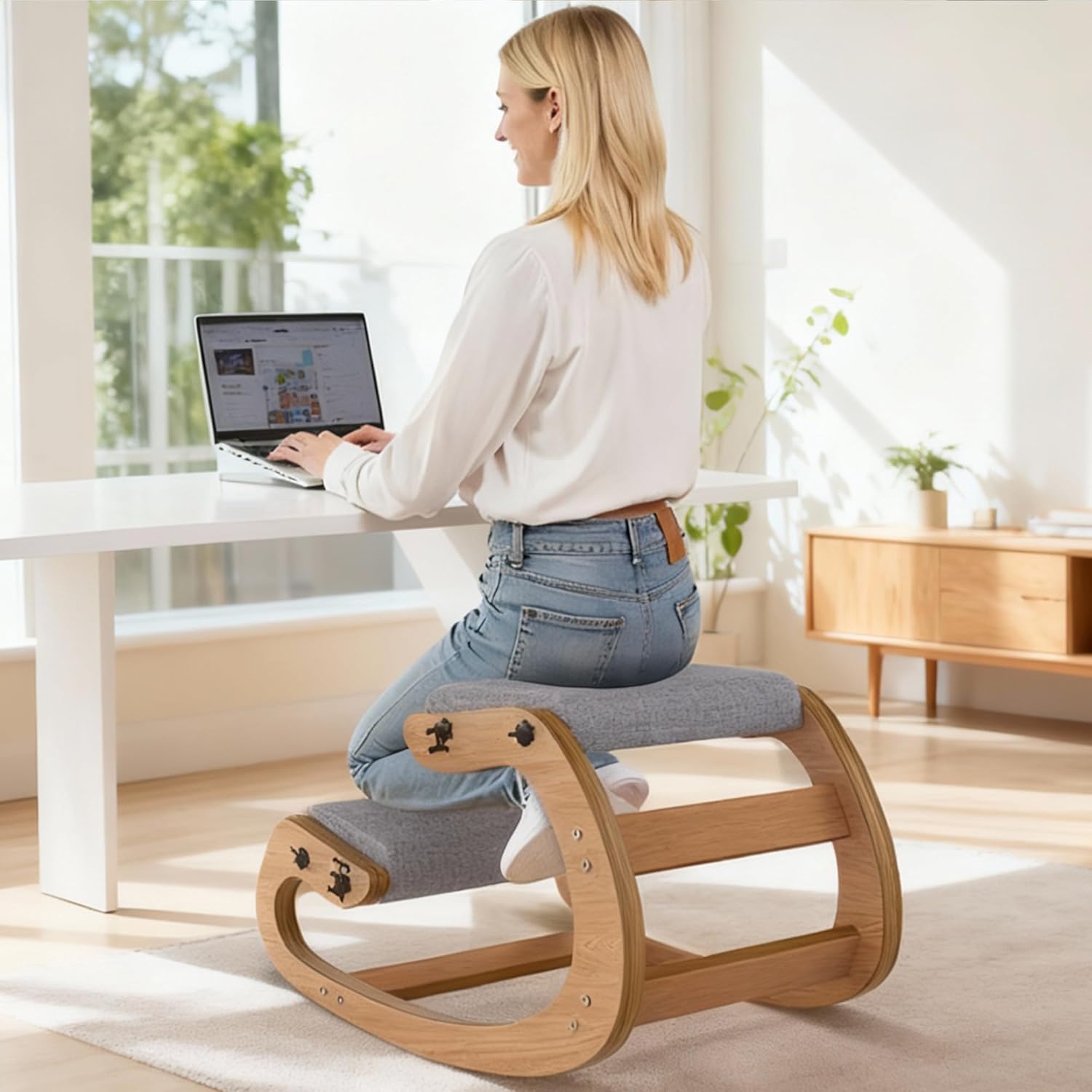 Ergonomic Kneeling Chair with Wooden Frame - Adjustable Height Office Chair with Soft Padding for Back Pain Relief, Posture Correcting Home & Office Desk Chair Wood