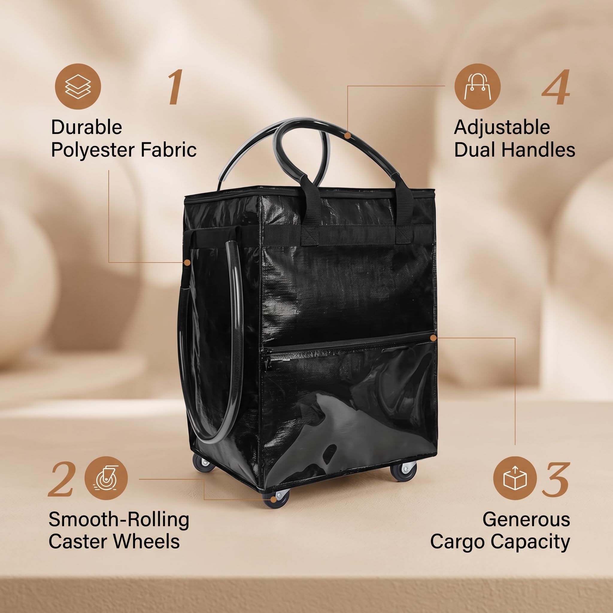 Einkaufs-Rolltasche, Schwarz, Großes Fassungsvermögen, Polyester, Wasserdicht, Wiederverwendbare Einkaufstasche mit Rollen, Griff für Camping, Reisen, Fitnessstudio (BLACK)