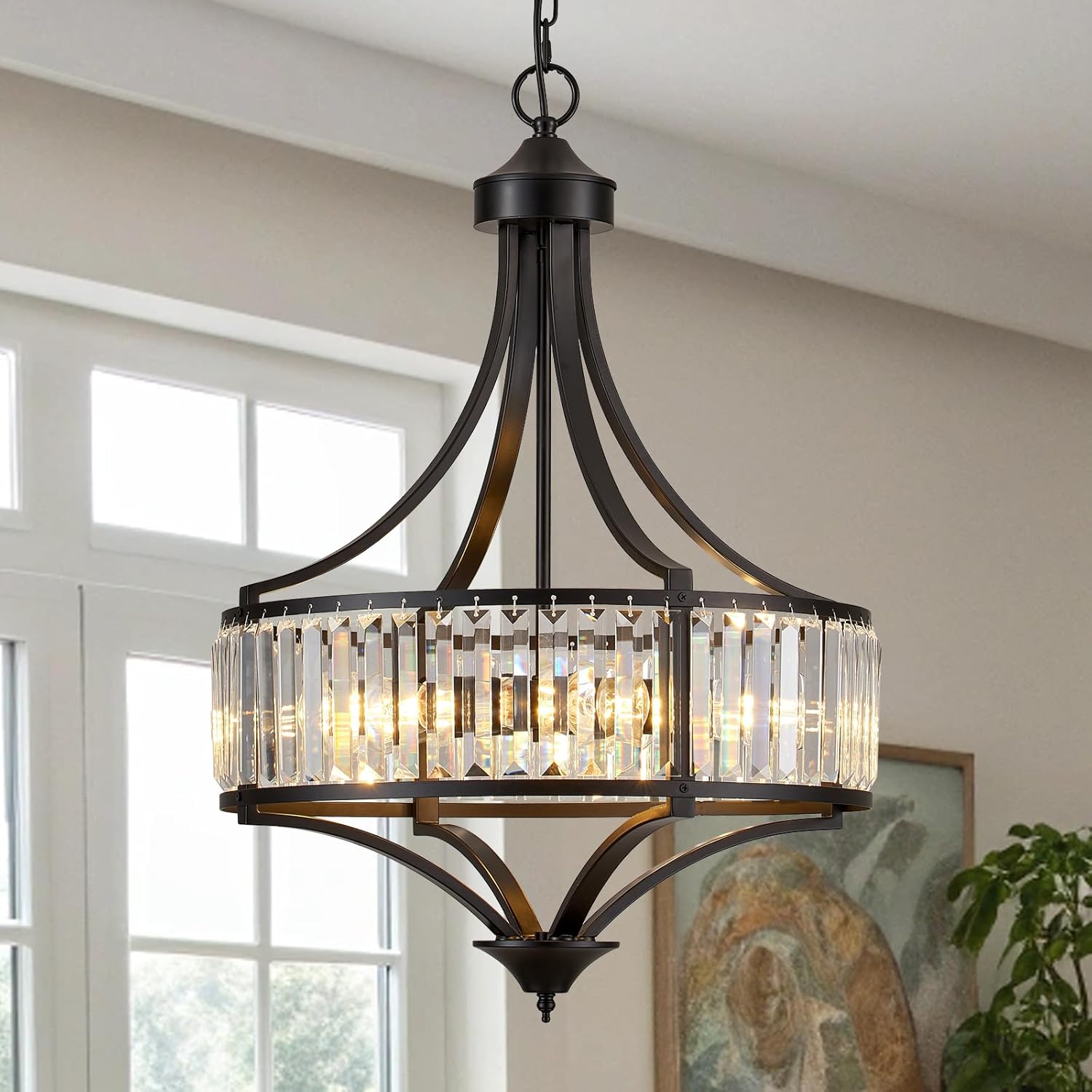 Modern Cystal Chandelier for Dining Room,5-Lights Industrial Cystal Light Fixtures for Kitchen Island,Adjustable 20'' Black Pendant Lighting Fixtures,E26