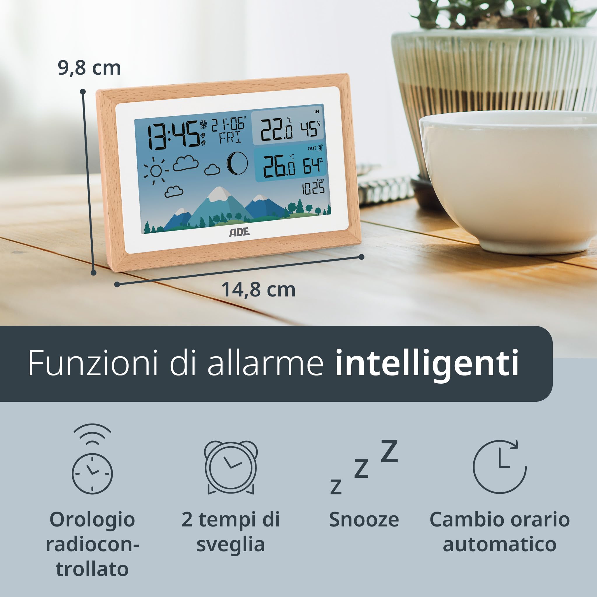 ADE Stazione meteo con sensore esterno | termometro ambiente | igrometro umidità casa | barometro | radiosveglia digitale da comodino | Batteria e adattatore di rete inclusi