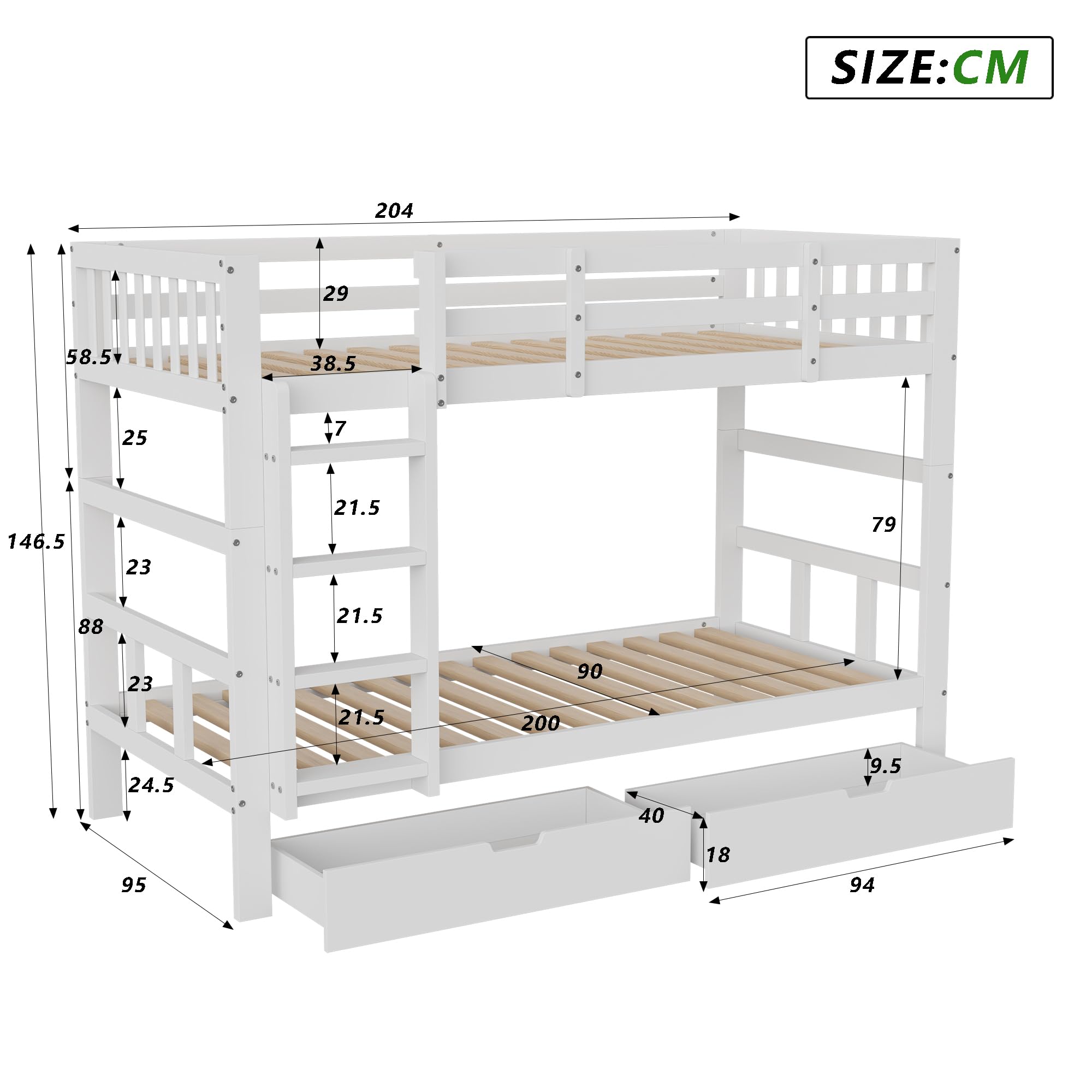 Hochbett Kinder 90x200, Etagenbett Kinderbett, Hochbett Stockbett mit Rausfallschutz und 2 Schubladen, Funktionsbett Jugendbett mit Lattenrost, umbaubar in Zwei Kinderbetten