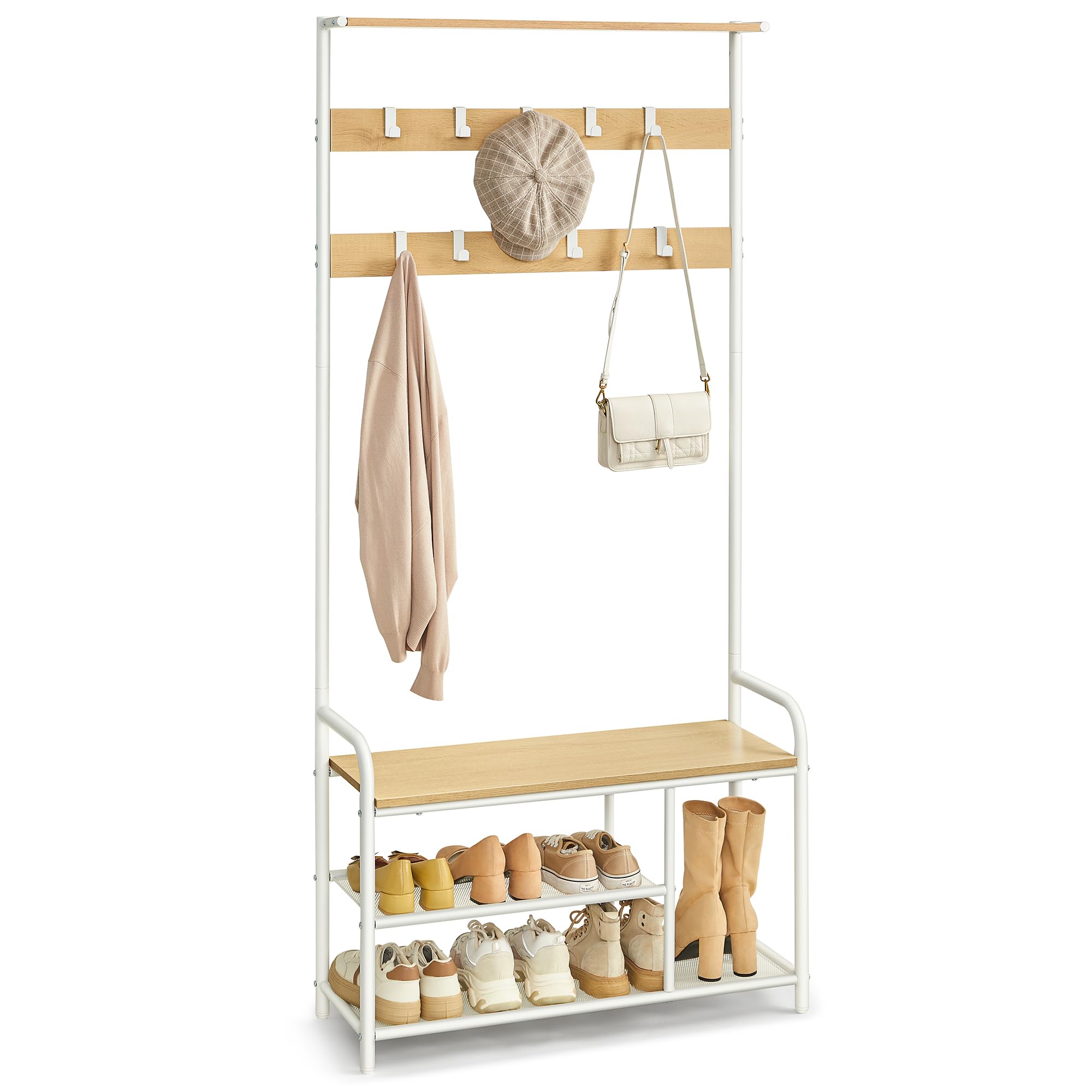 VASAGLE Coat Rack Stand, Hall Tree with Bench and Shoe Storage, 9 Removable Hooks, Shoe Rack, Shelf, 30 x 85 x 180.5 cm, for Hallway, Bedroom, Apartment, Modern, Oak and White HSR409W09