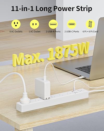 Miniatura 2 de Paquete de 2 regletas protectoras de sobretensión, 7 tomacorrientes, 4 puertos USB (2 USB C), cable de extensión de enchufe plano ultrafino de 6