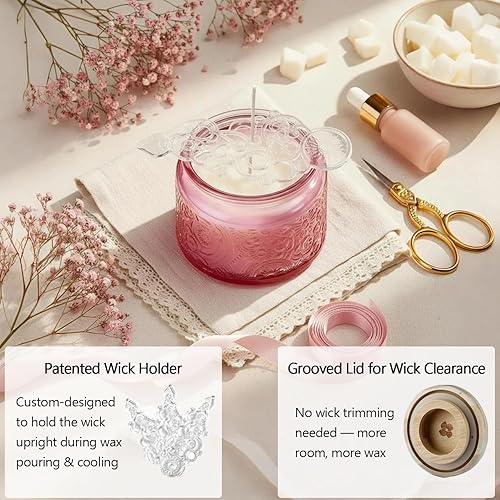 Vista 29 de Paquete de 18 recipientes de vela de vidrio en relieve de 4 onzas con tapas y etiquetas de bambú, tarros transparentes para hacer velas, diseño