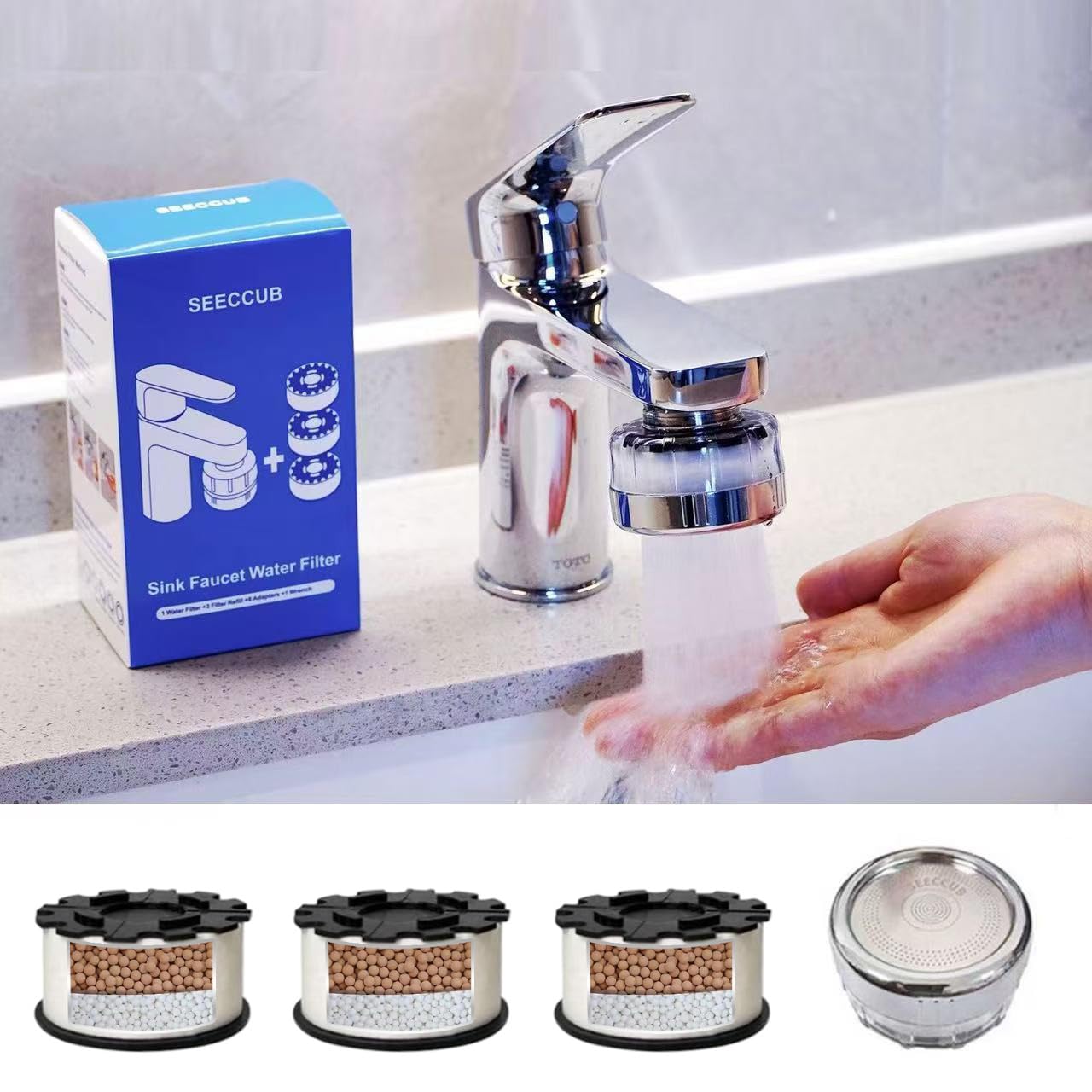 New Premium 4 In1 Long-lasting Sink Faucet Water Filter. Replaceable Tap Water Purifier For Kitchen and Bathroom.Remove 99% Chlorine Soften Hard Water. Relieve Dry Skin, Suitable for Sensitive Skin