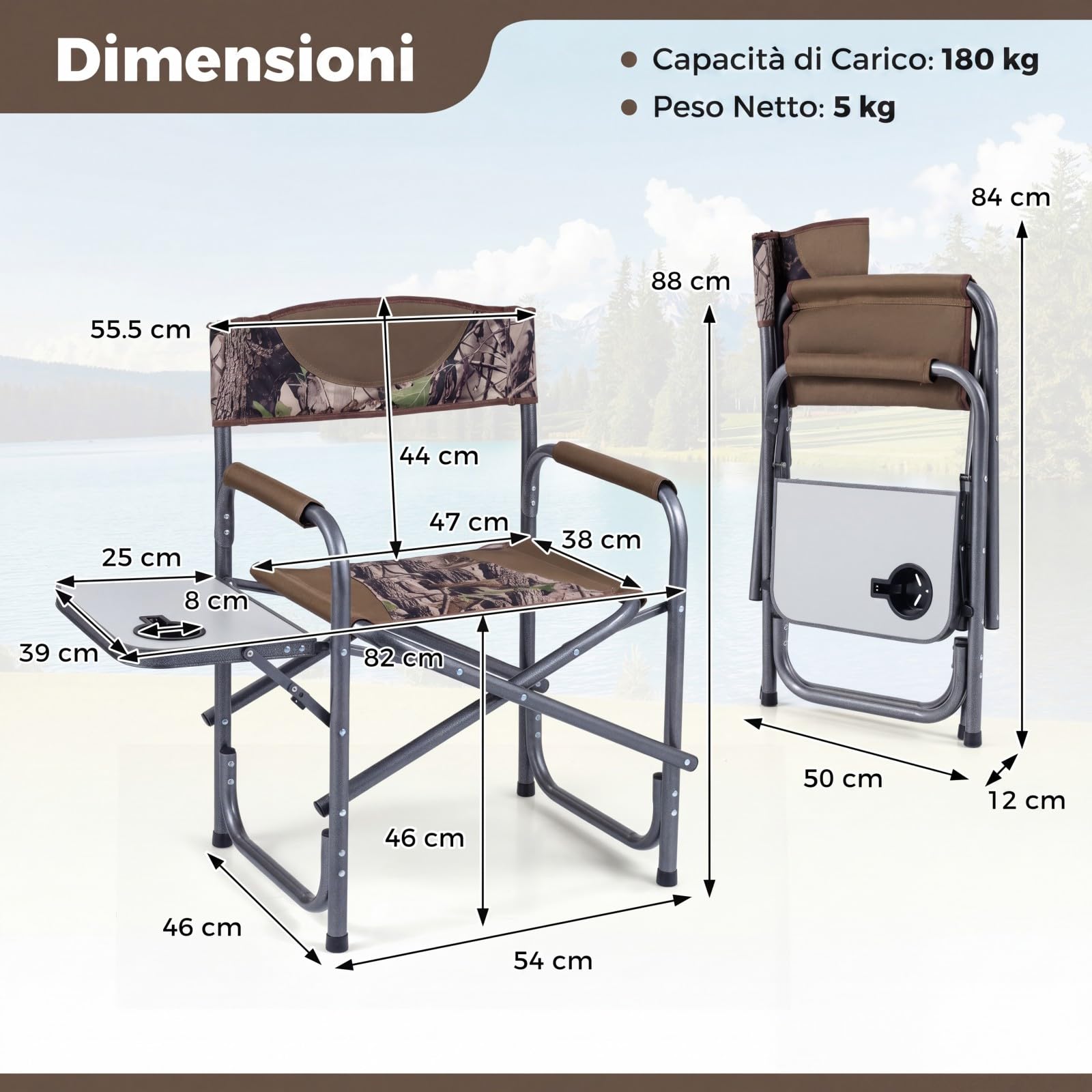 COSTWAY Sedia da Regista Imbottita con Tavolino, Ampio Sedile, Braccioli e Schienale, Sedia da Campeggio Pieghevole con Telaio Metallico per Eventi Sportivi e Pesca, Portata 180 kg (Mimetico)